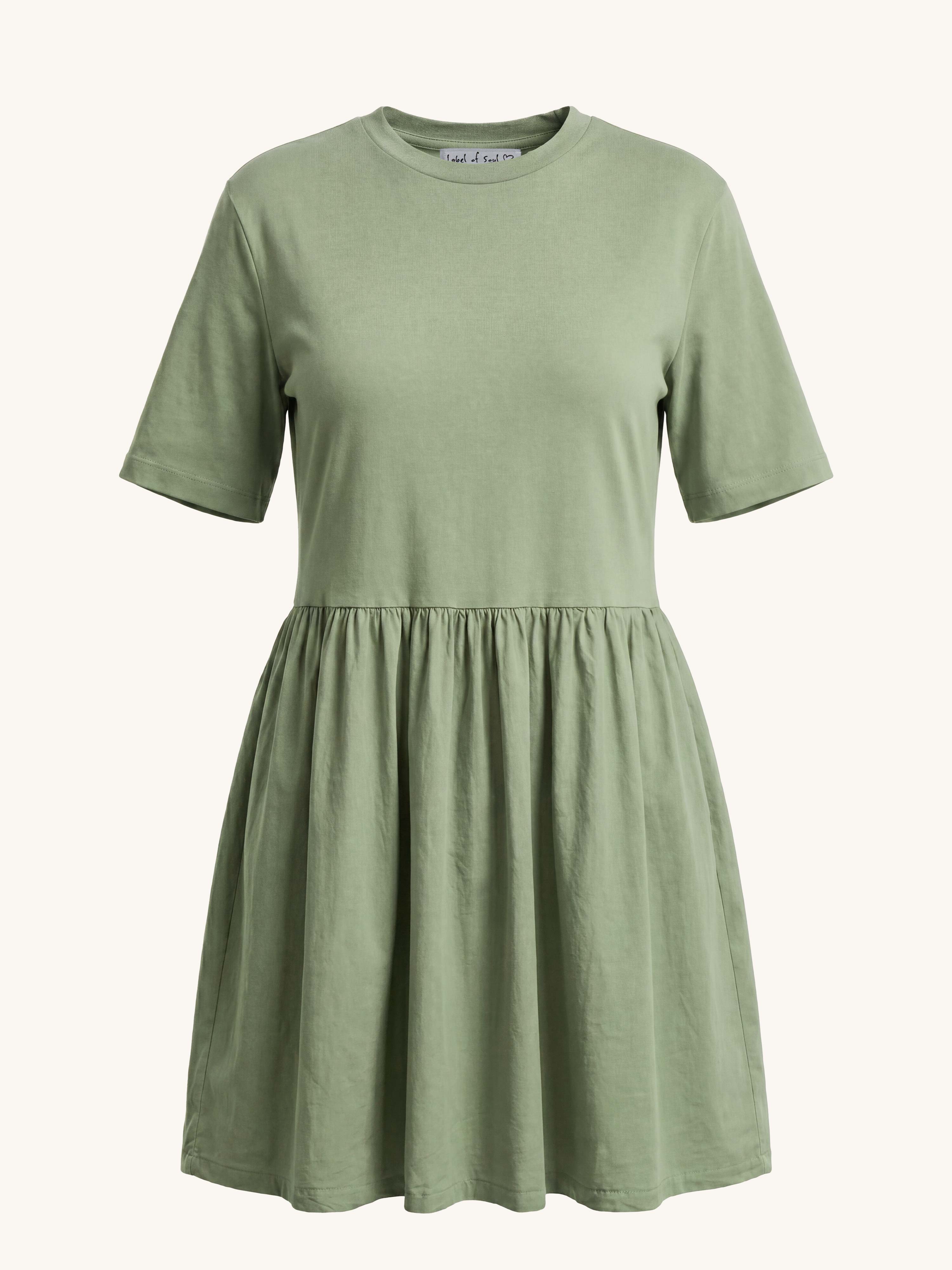 Kurzarm Midi Cotton Kleid mit Seitentaschen - Olive