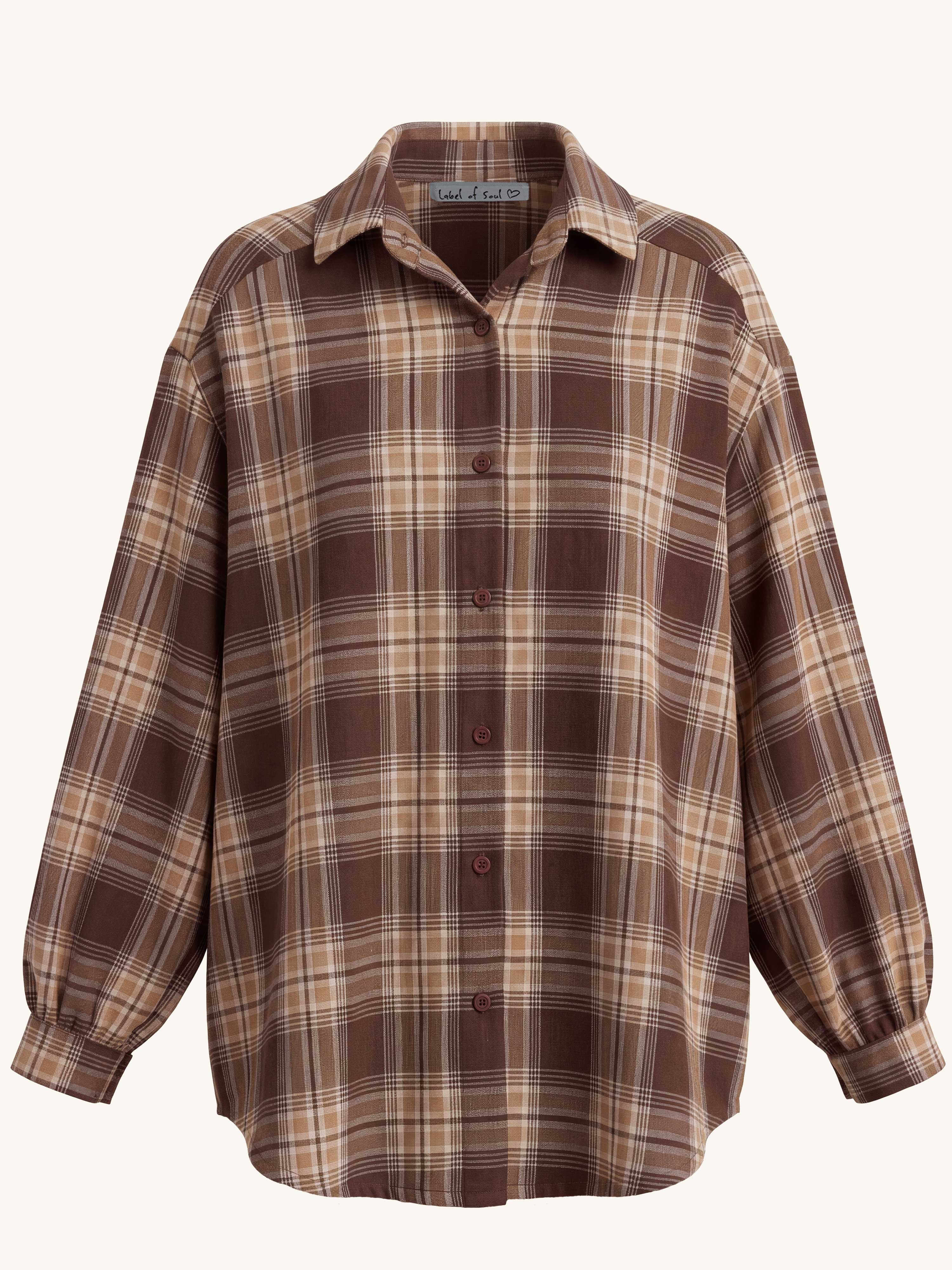 Long Oversize Karo Bluse - Schoko