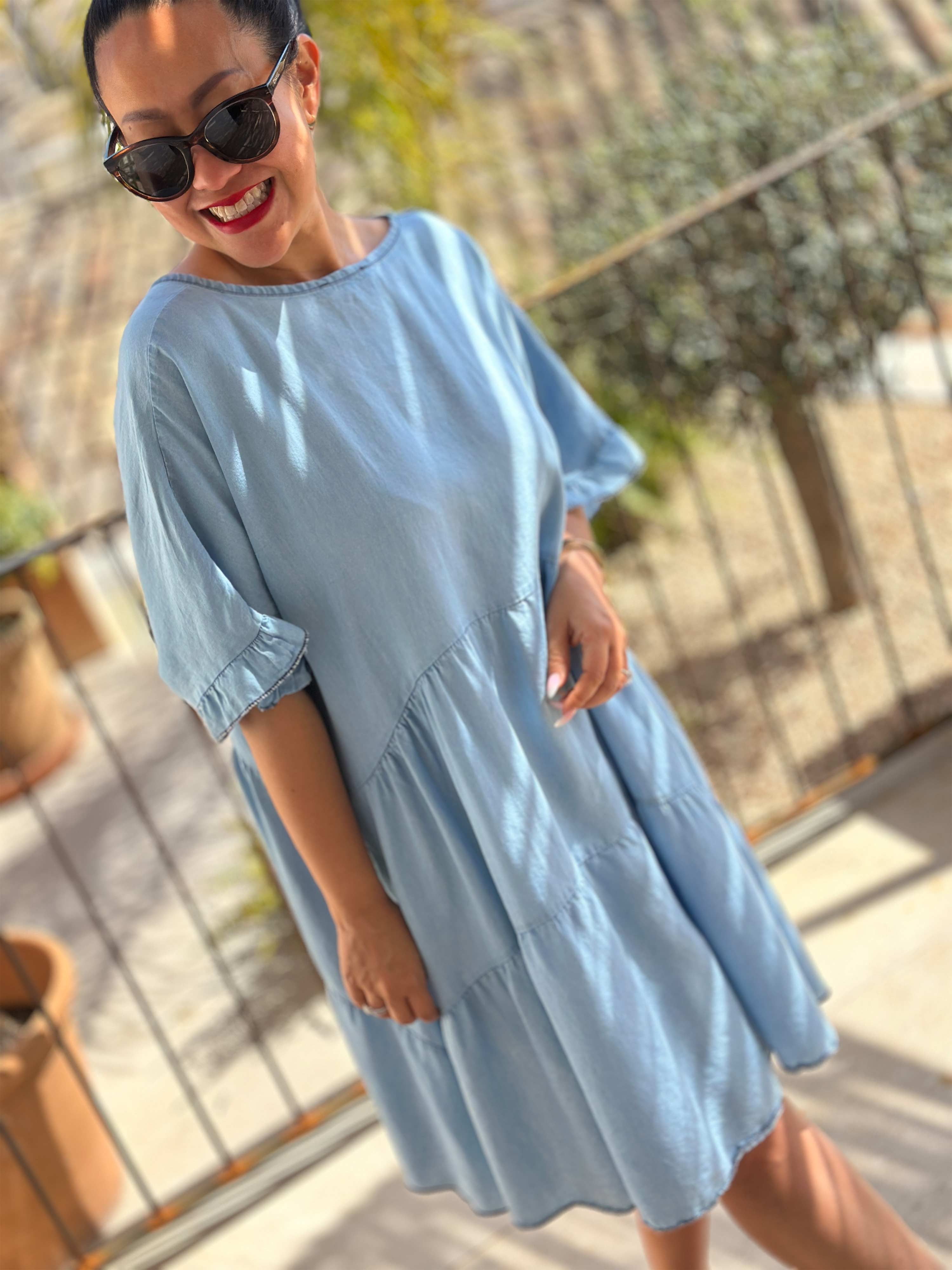 Leichte Lyocell Tunika Midi mit V-Ausschnitt - Light Blue