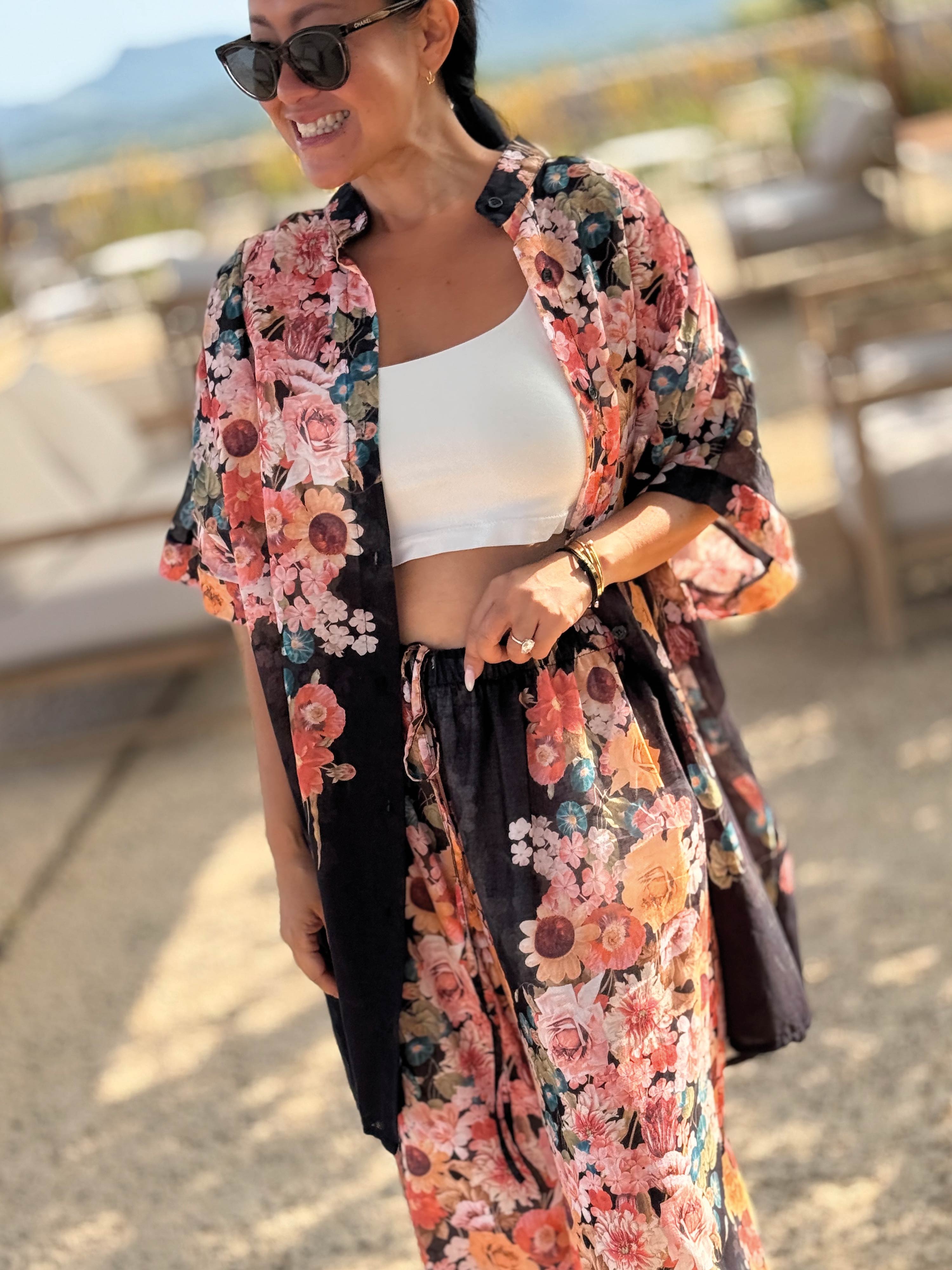 Cotton Oversize Kurzarm Bluse Long  - MILLE FLEURS - Schwarz