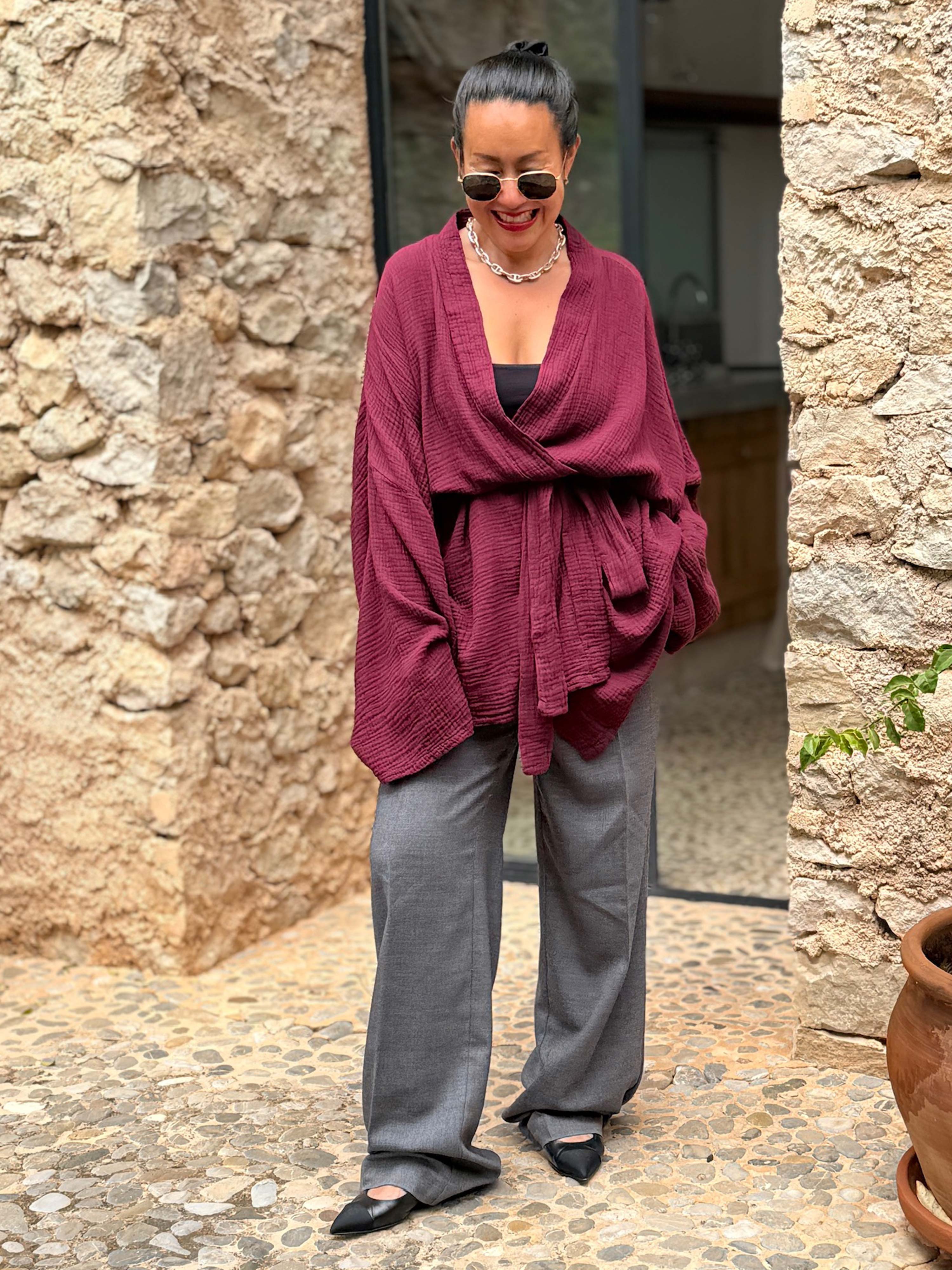 Musselin Wickel Kimono Jacke - NAMASTE - Burgundy