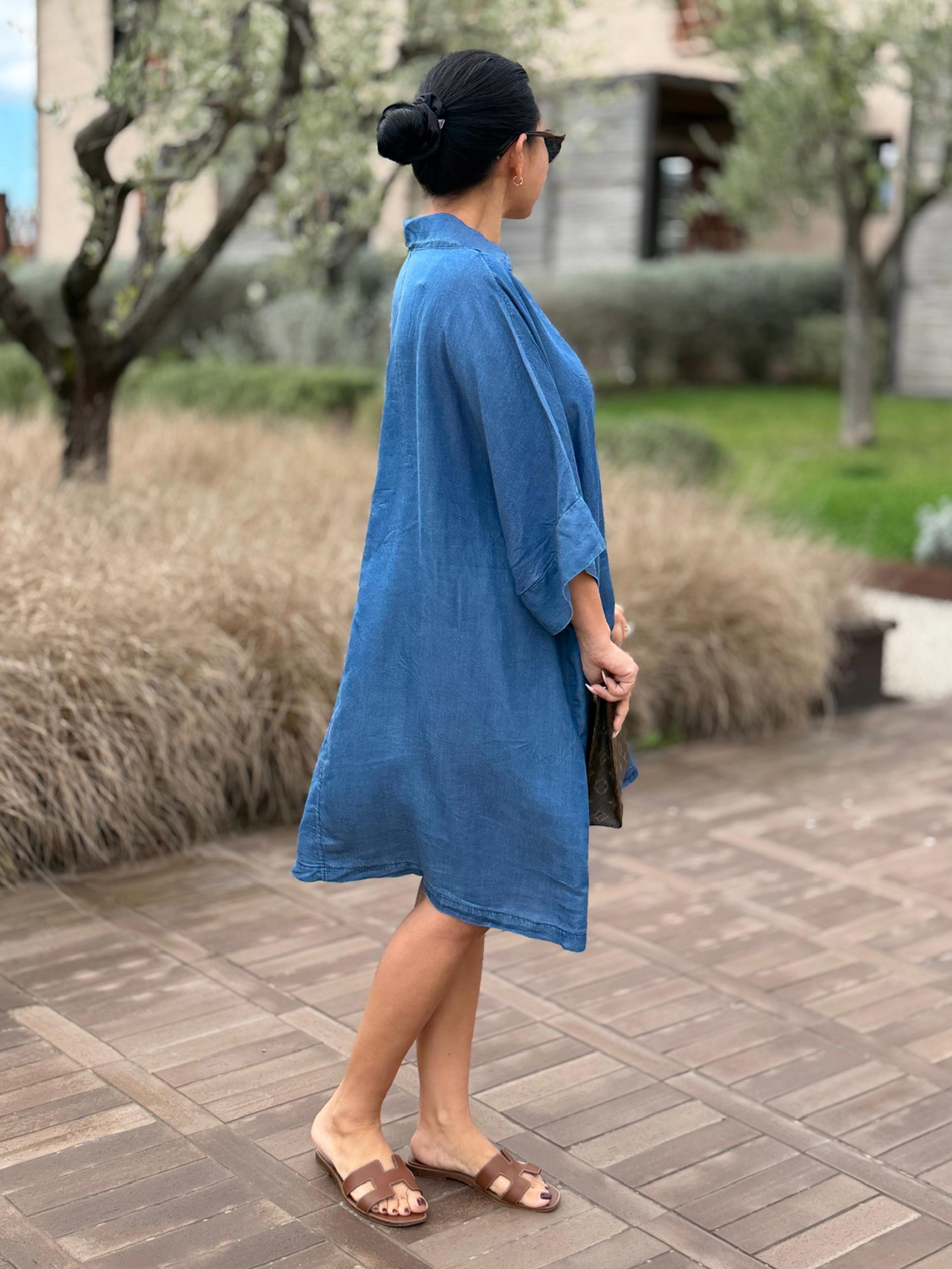 Lyocell Oversize Hemdtunika Midi - Medium Blue