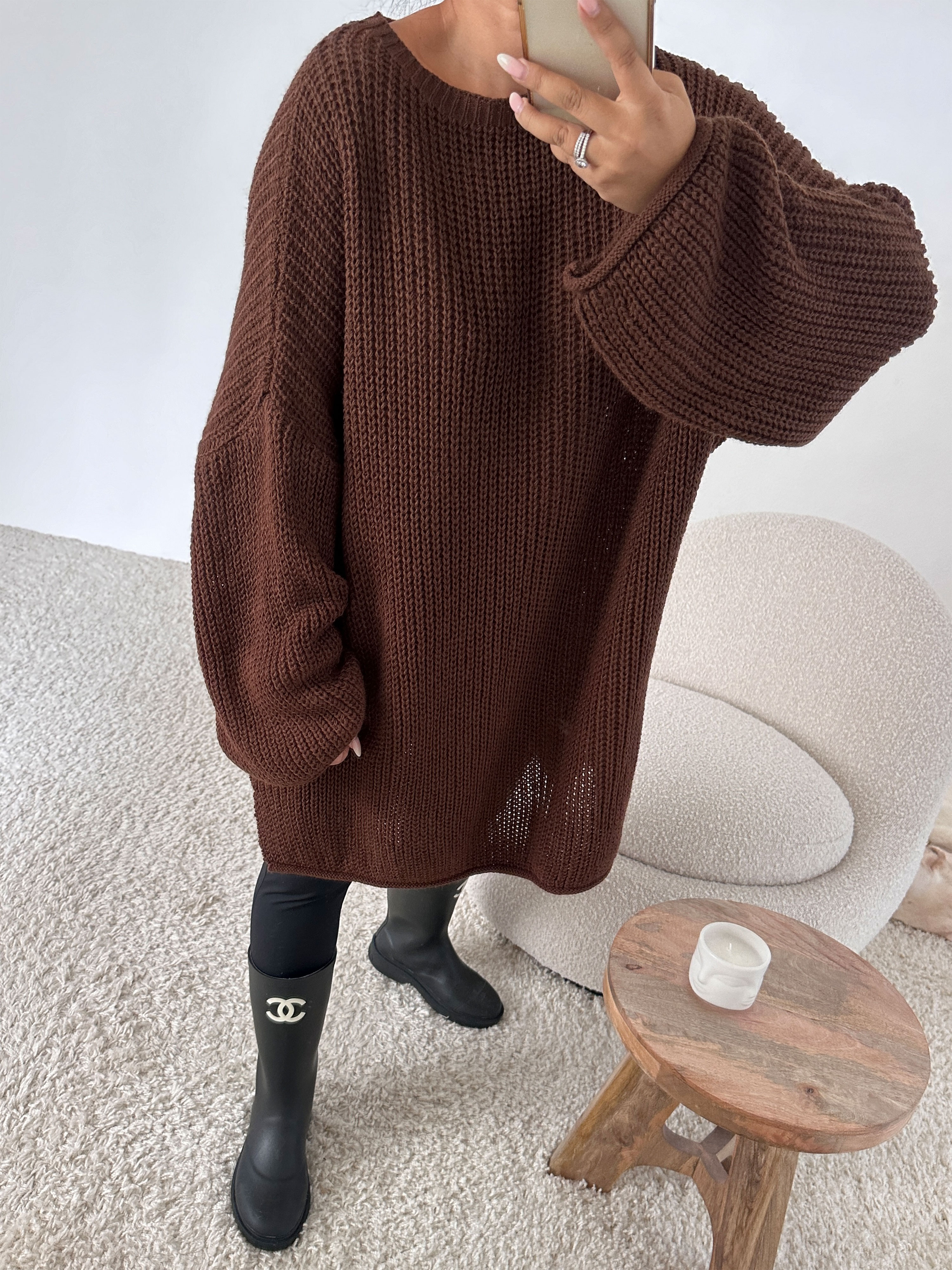 Schwerstrickpullover mit Seitenschlitz - Coffee Schwerstrickpullover mit Seitenschlitz - Coffee