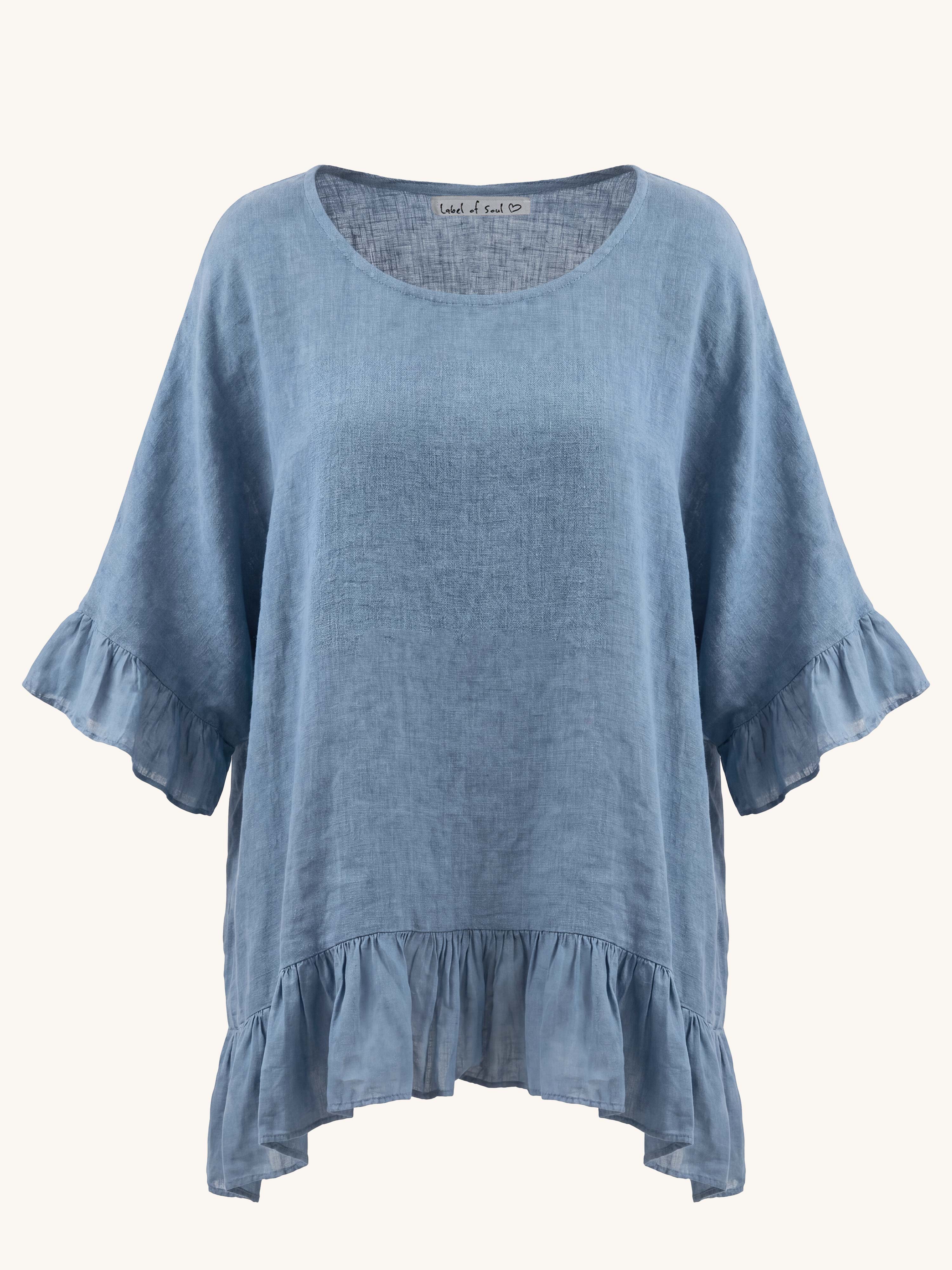 Leinen Oversize Bluse mit Volant - Jeansblau