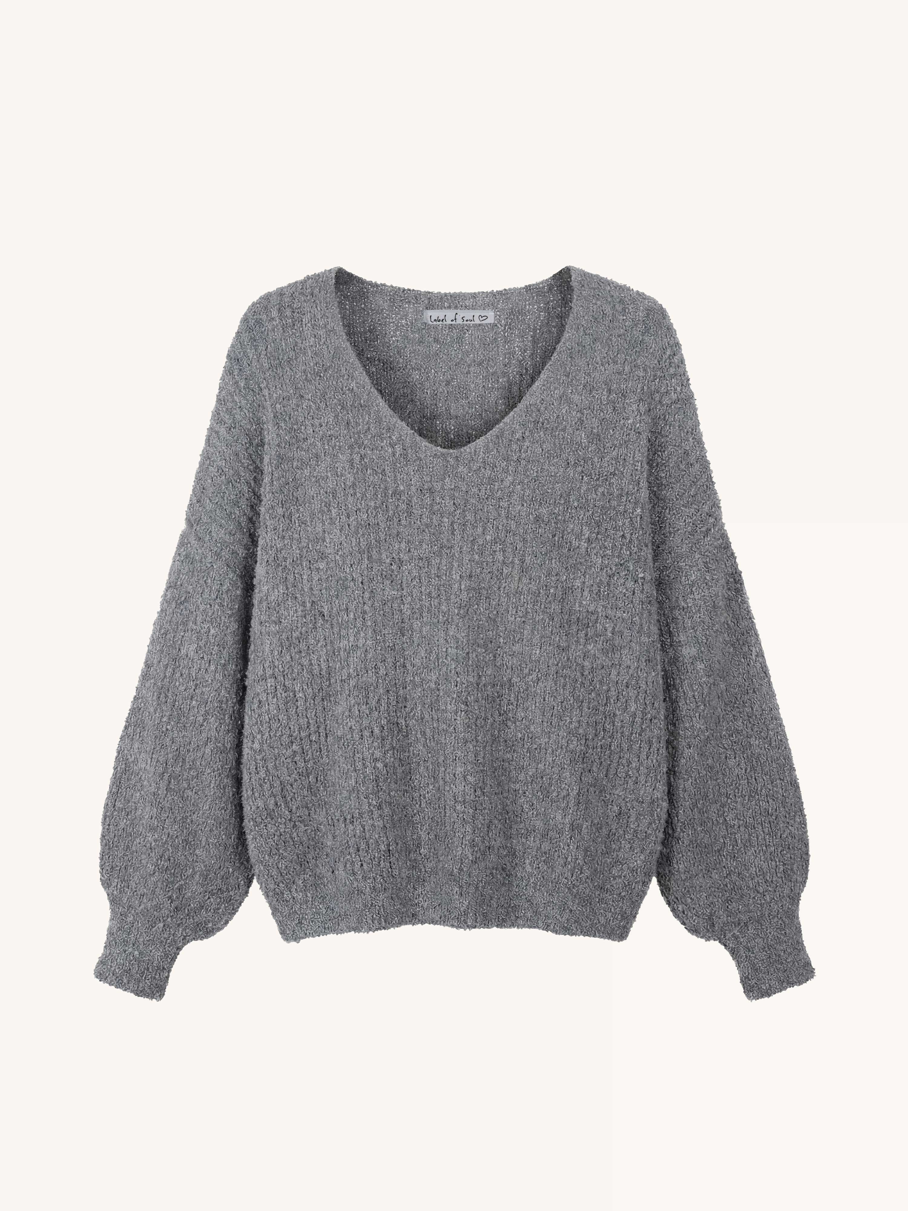 PREMIUM Bouclé Pullover mit V-Ausschnitt - Anthrazit