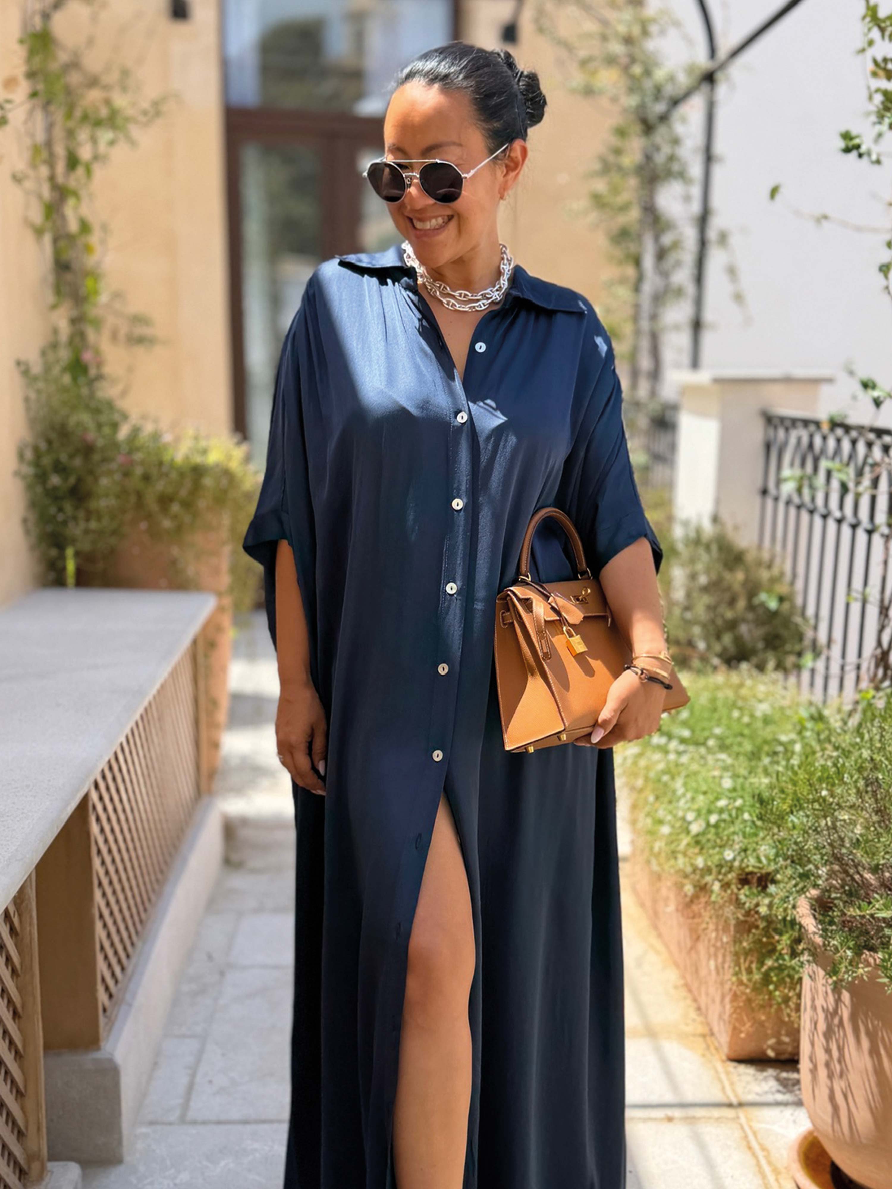 Viskose Oversize Kurzarm Blusenkleid - CAPRI - Navy