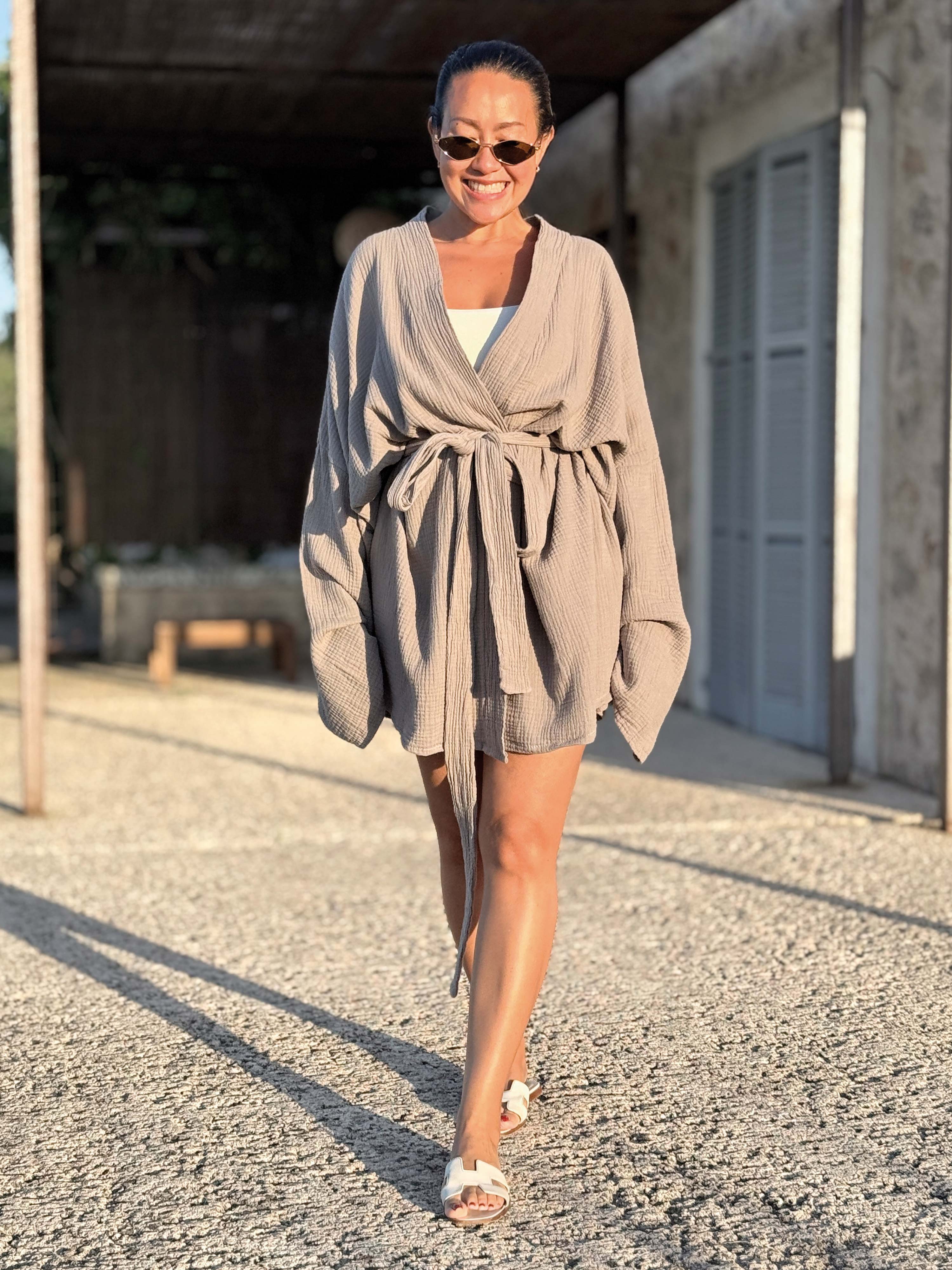 Musselin Wickel Kimono Jacke - NAMASTE - Taupe