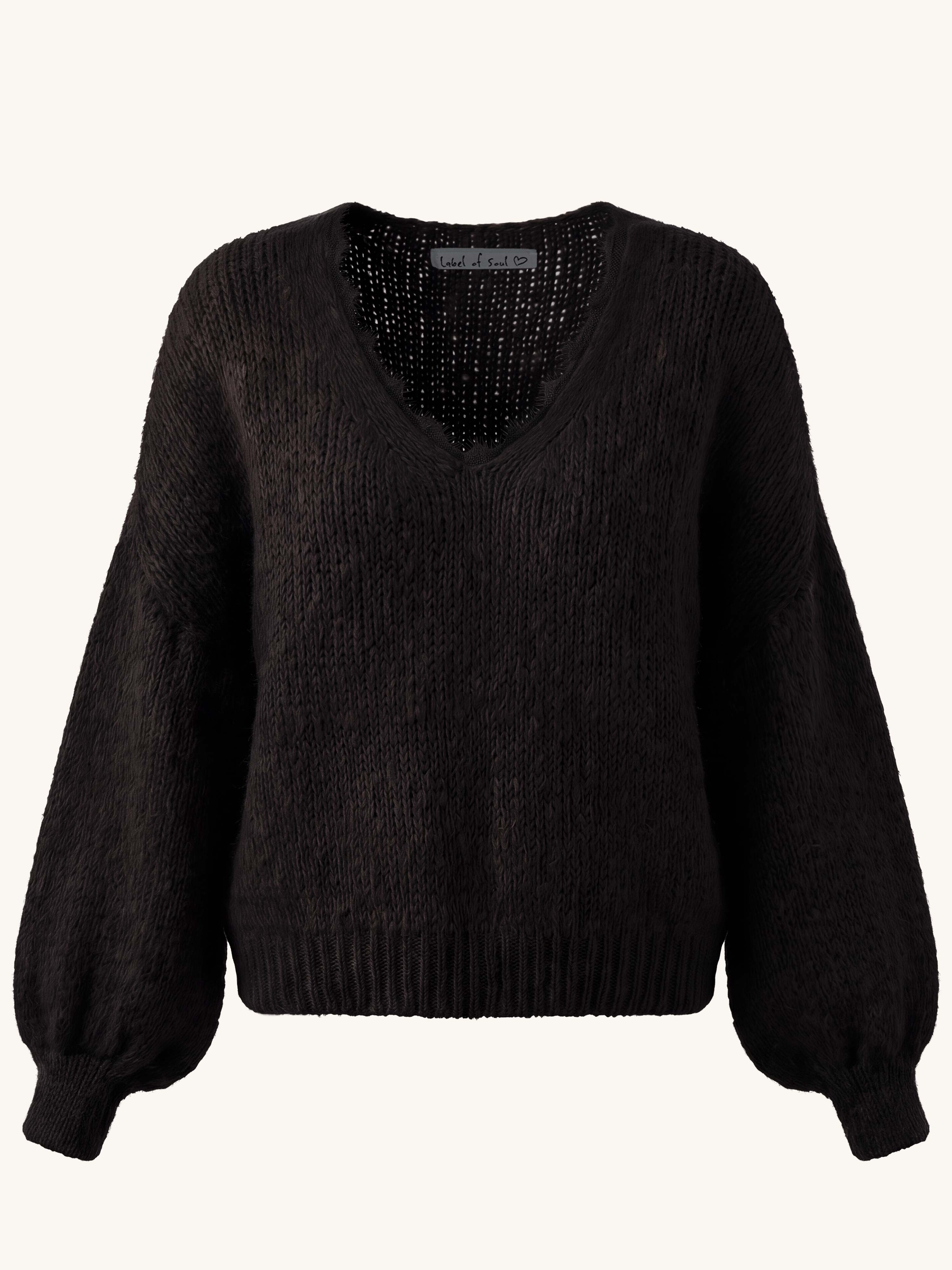 Oversize Strickpullover V-Ausschnitt mit Spitze - FLAUSCHI - Schwarz