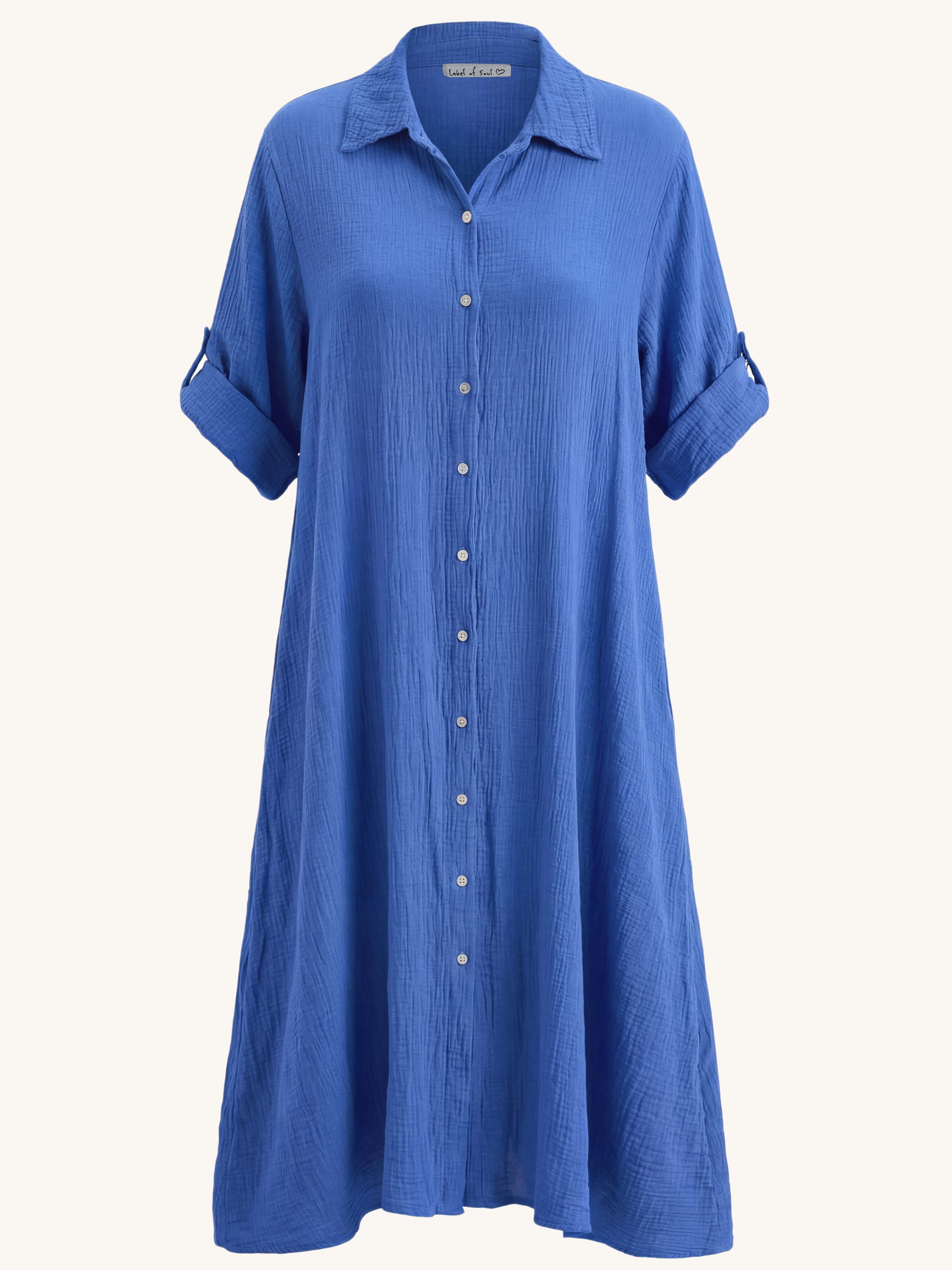 Musselin Oversize Kurzarm Blusenkleid mit A-Linie - Royalblau