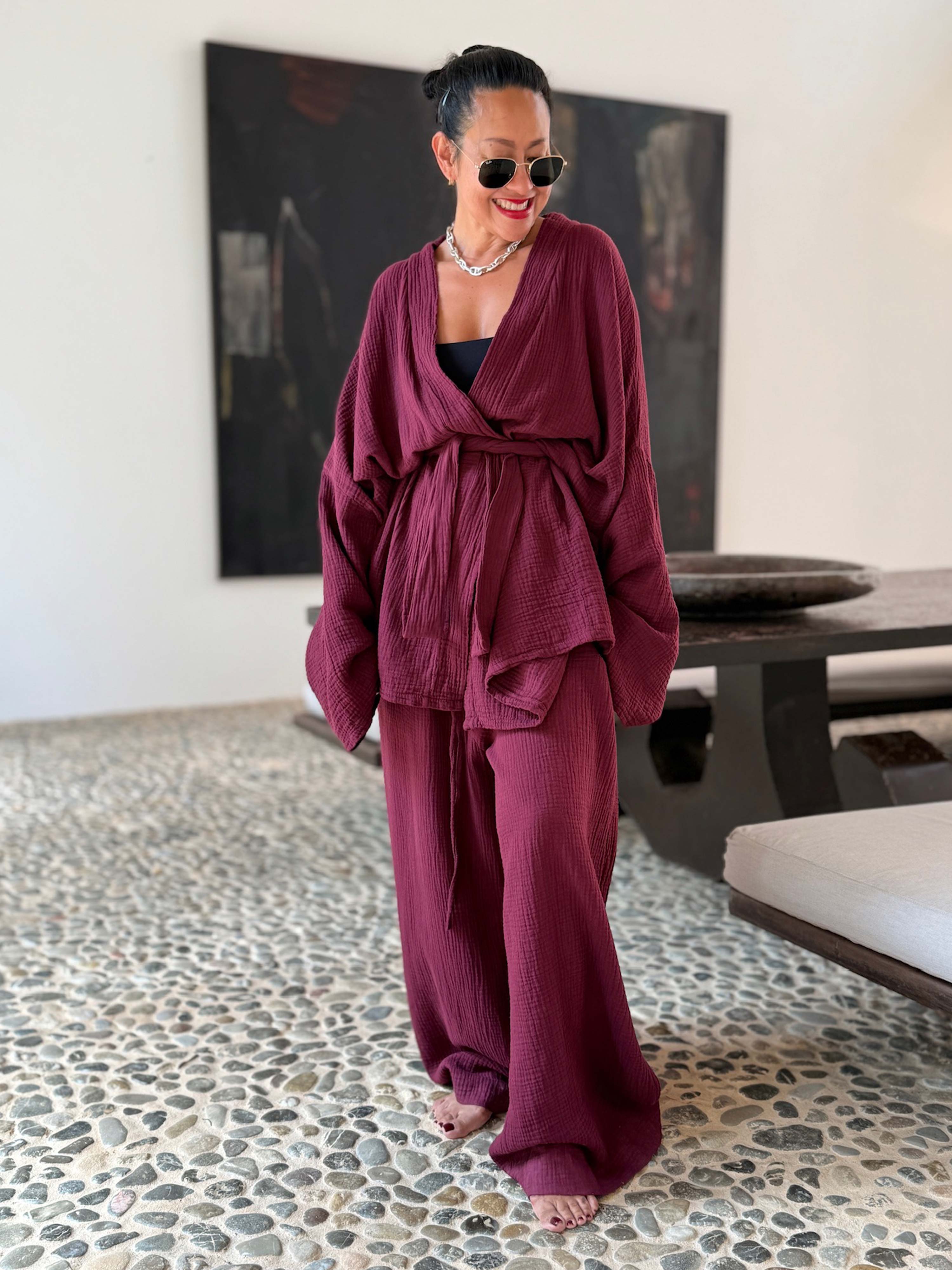 Musselin Wickel Kimono Jacke - NAMASTE - Burgunder
