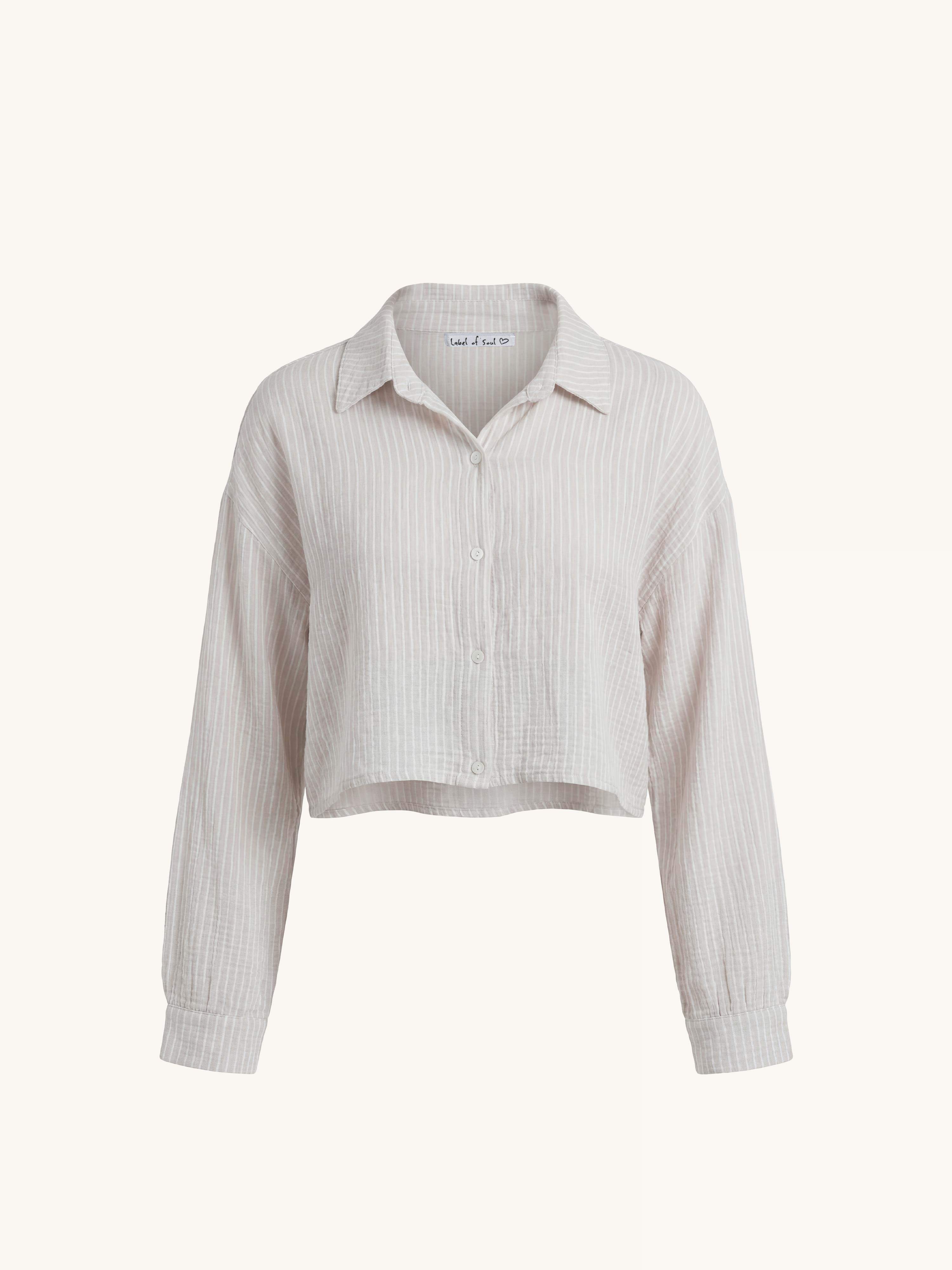 Musselin Cropped Bluse mit Kragen - SMALL STRIPES - Greige/Weiss