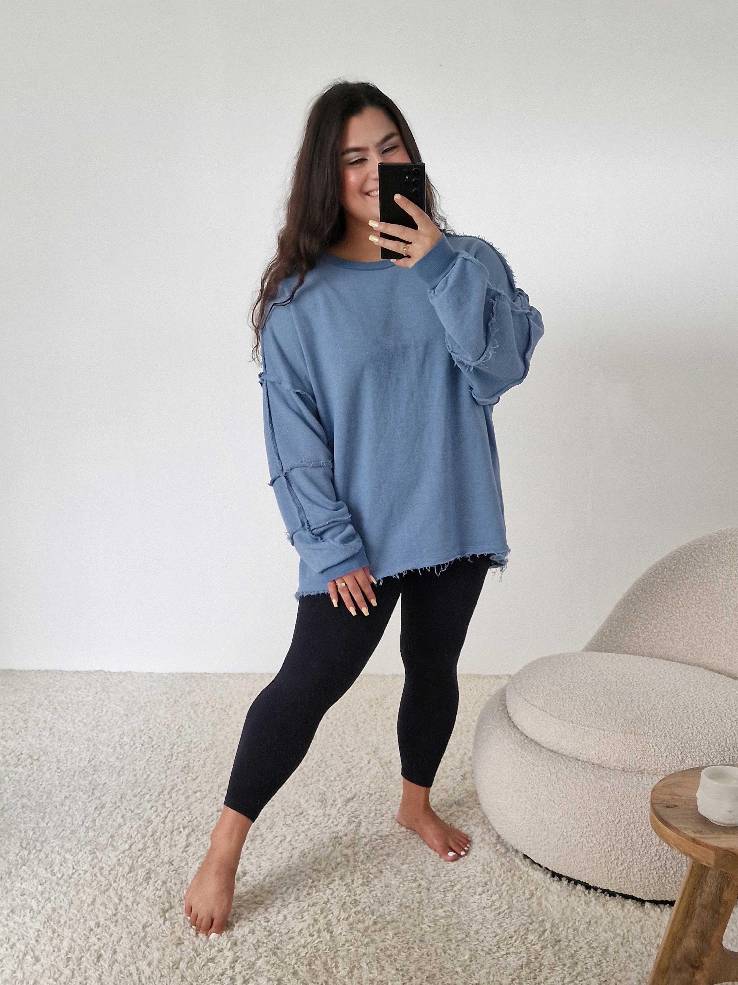 Basic Vokuhila Sweater Used-Look - Jeansblau