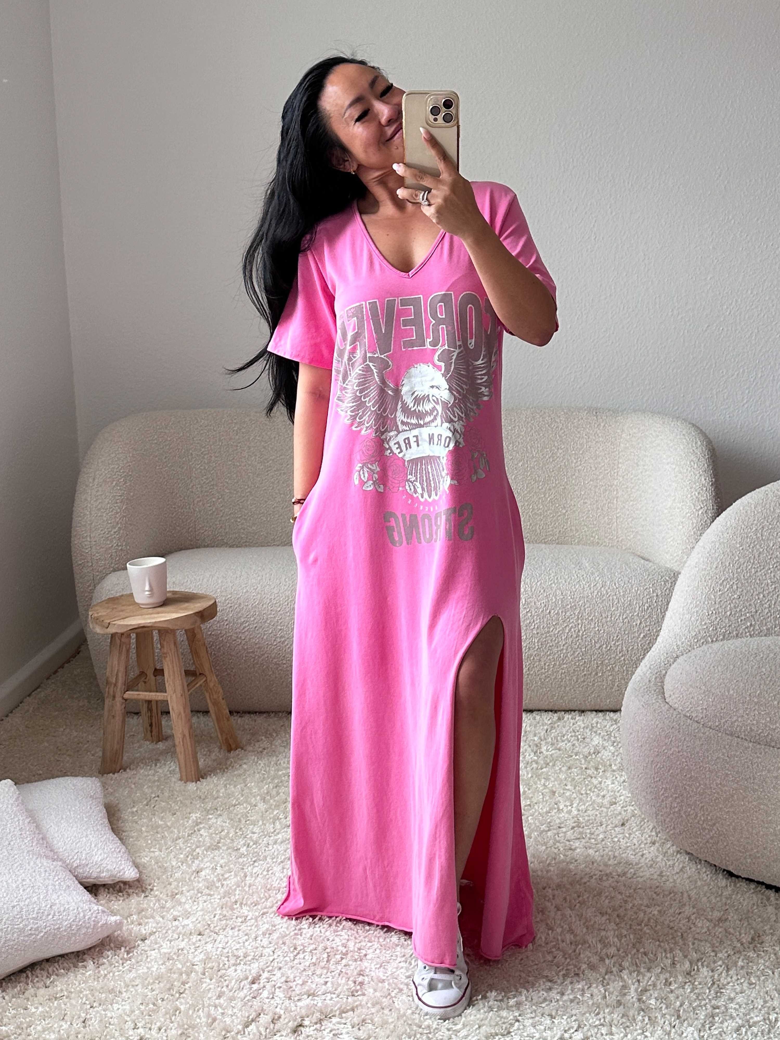 Basic Long Shirt V-Ausschnitt mit Print - Pink