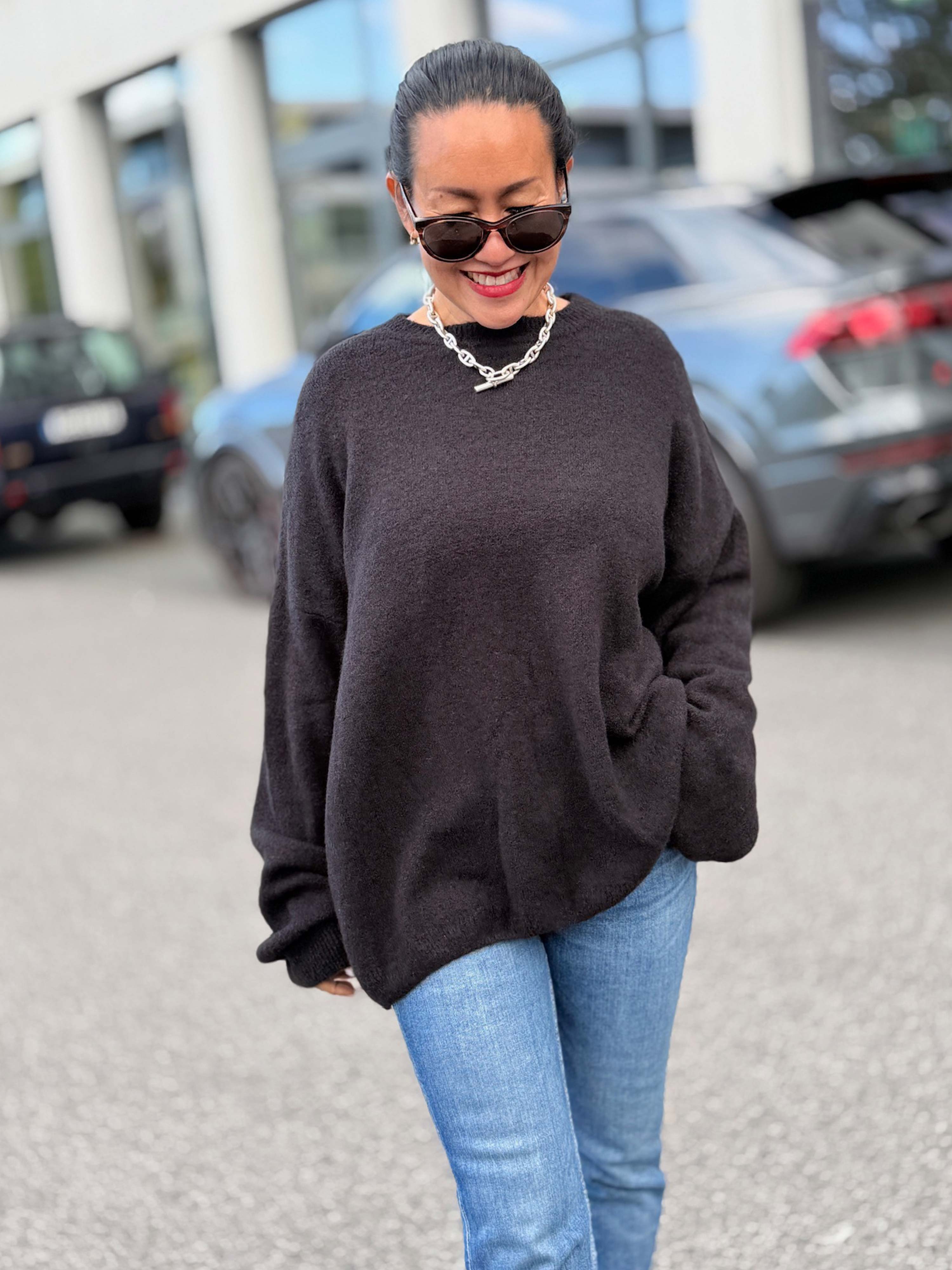 Rundhals Strickpullover mit Alpakawollanteil - Schwarz