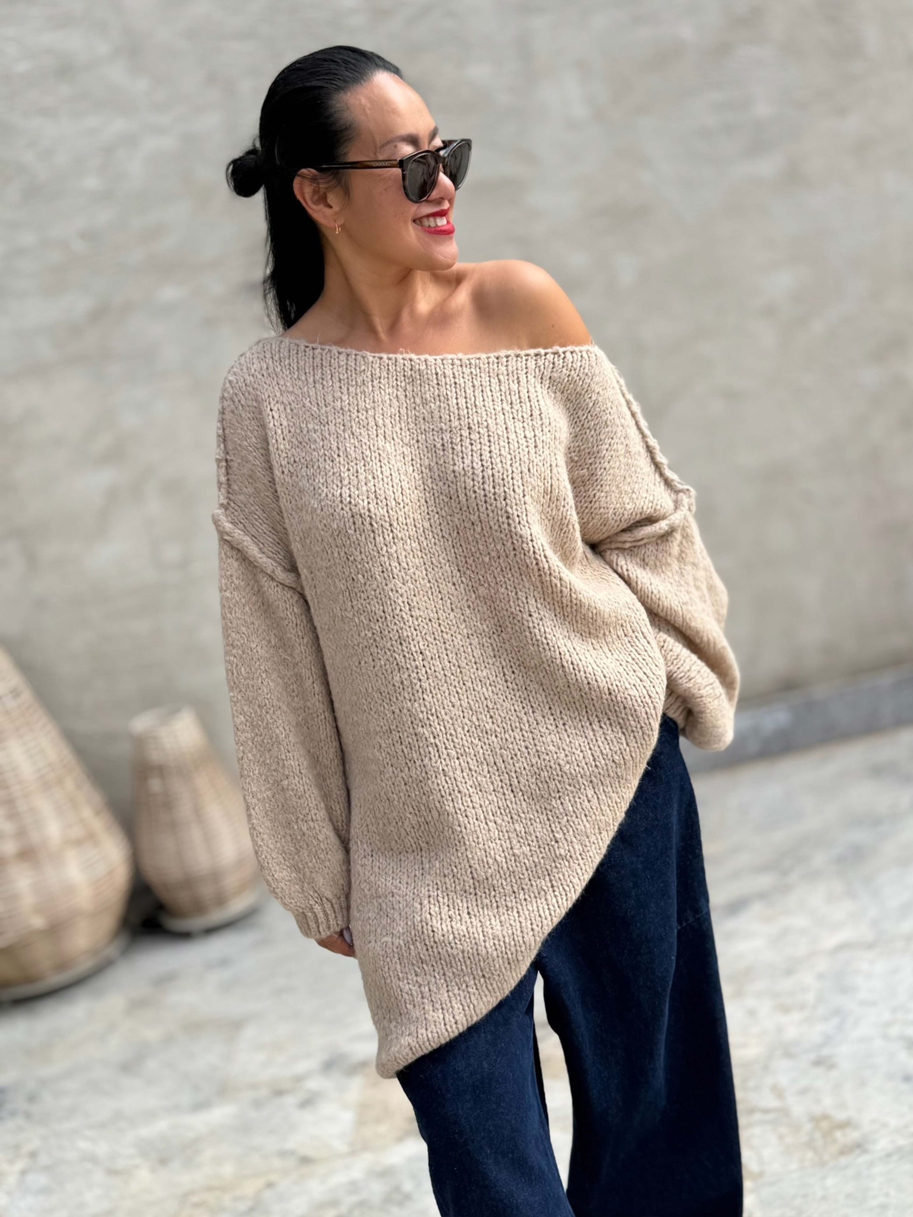 Oversize Long Strickpullover - FLAUSCHI - Beige