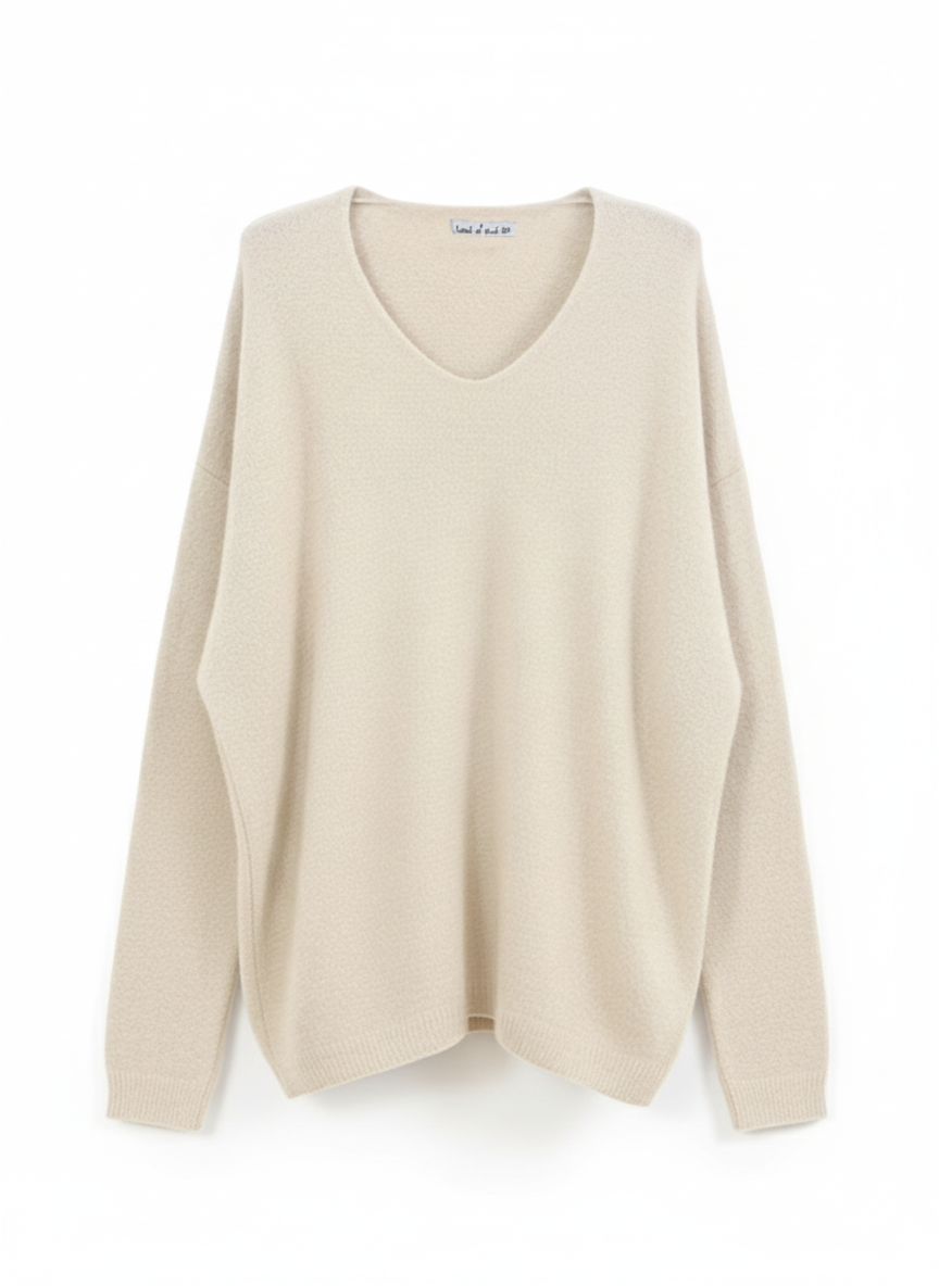 V-Ausschnitt Strickpullover mit Alpakawollanteil - Beige
