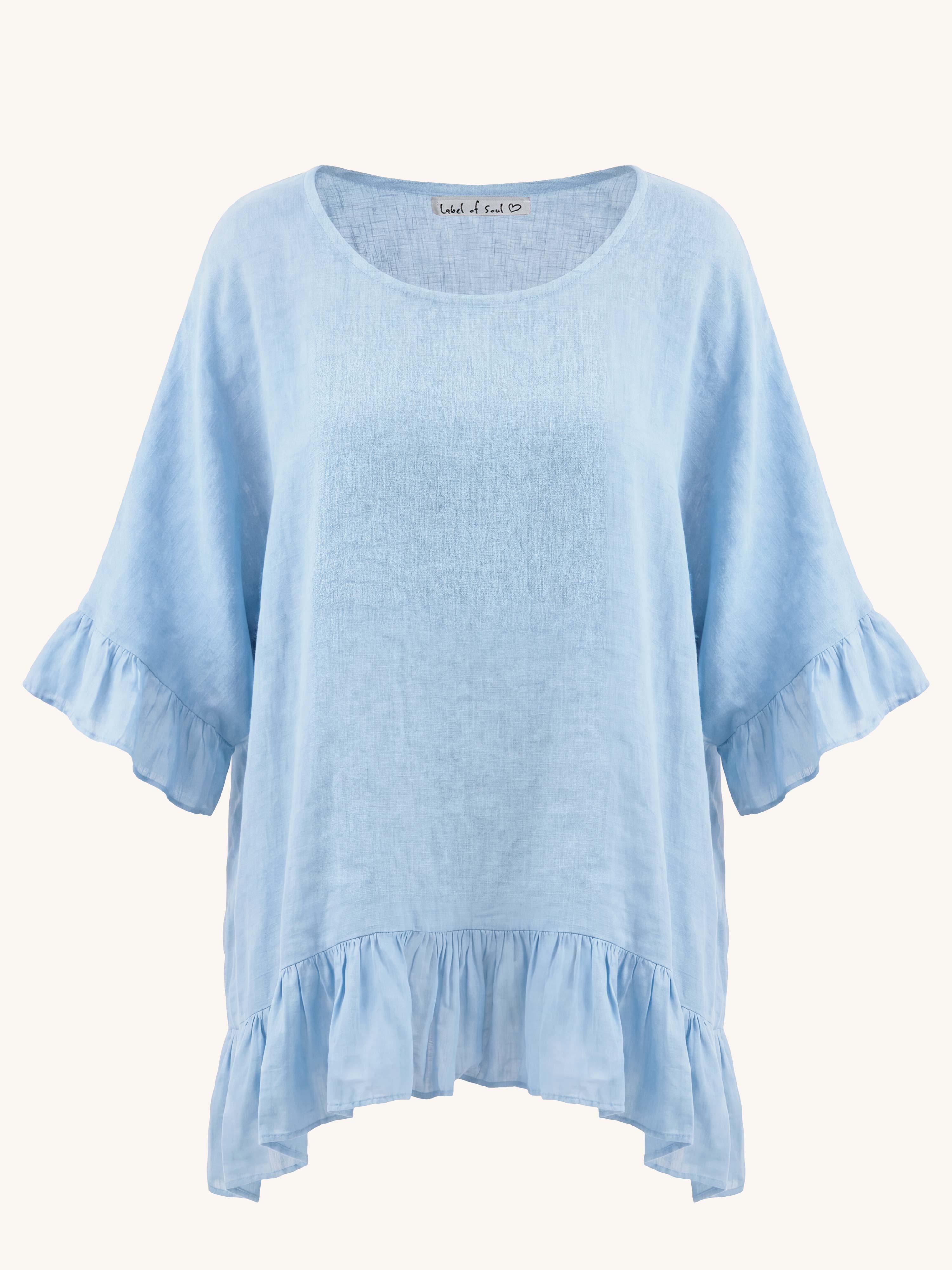 Leinen Oversize Bluse mit Volant - Babyblau