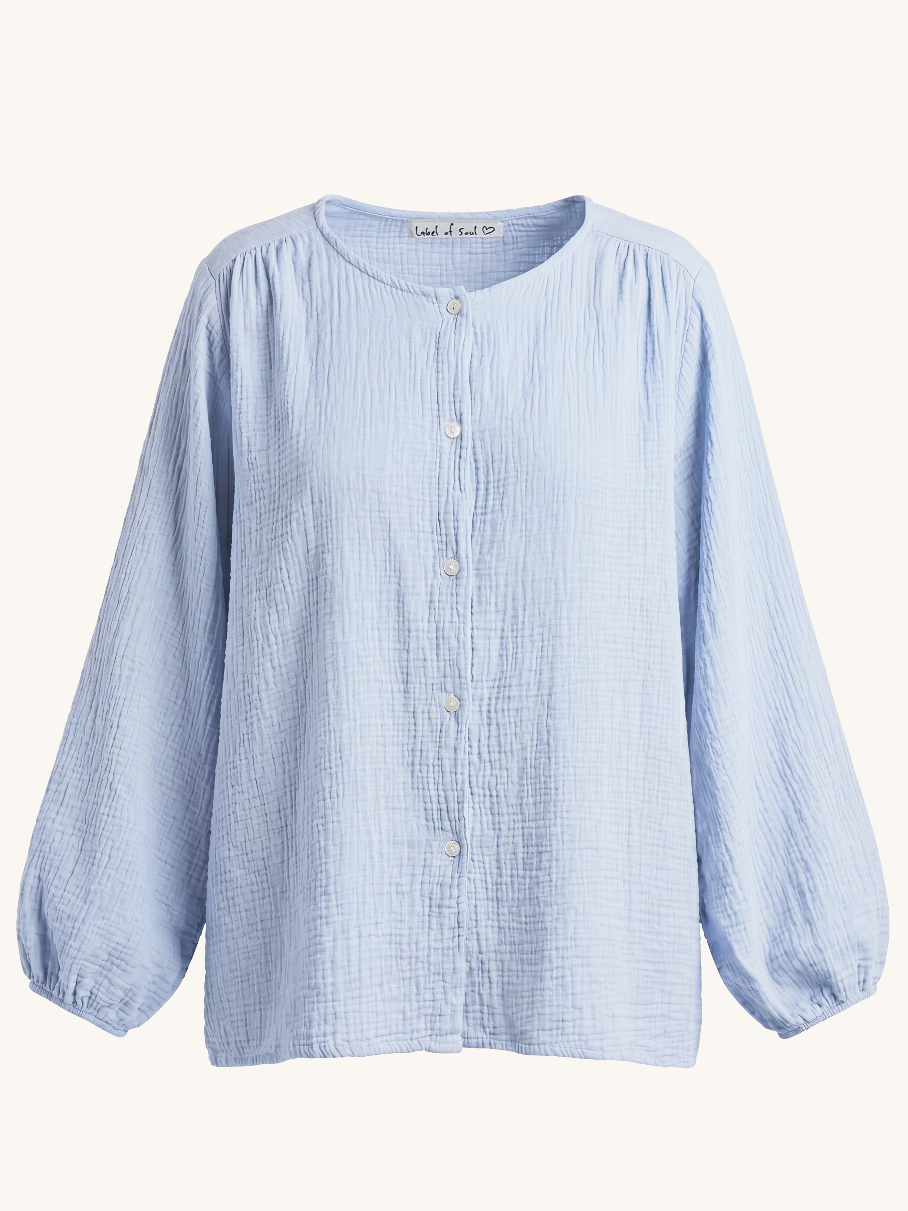 Musselin Oversize Bluse mit Rundhalsausschnitt - Babyblau