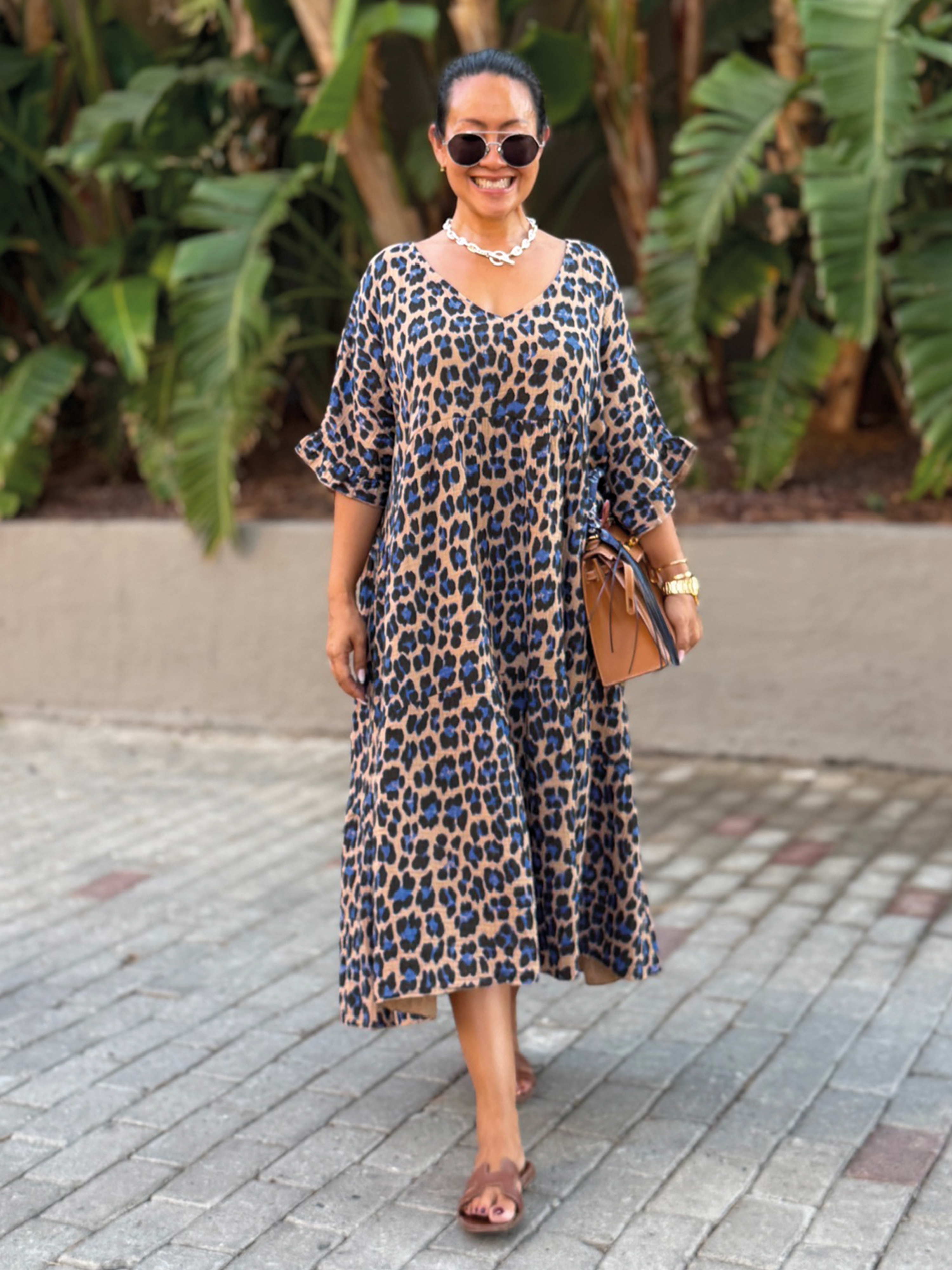 Musselin Tunika Long mit V-Ausschnitt - Leo Royalblau/Camel
