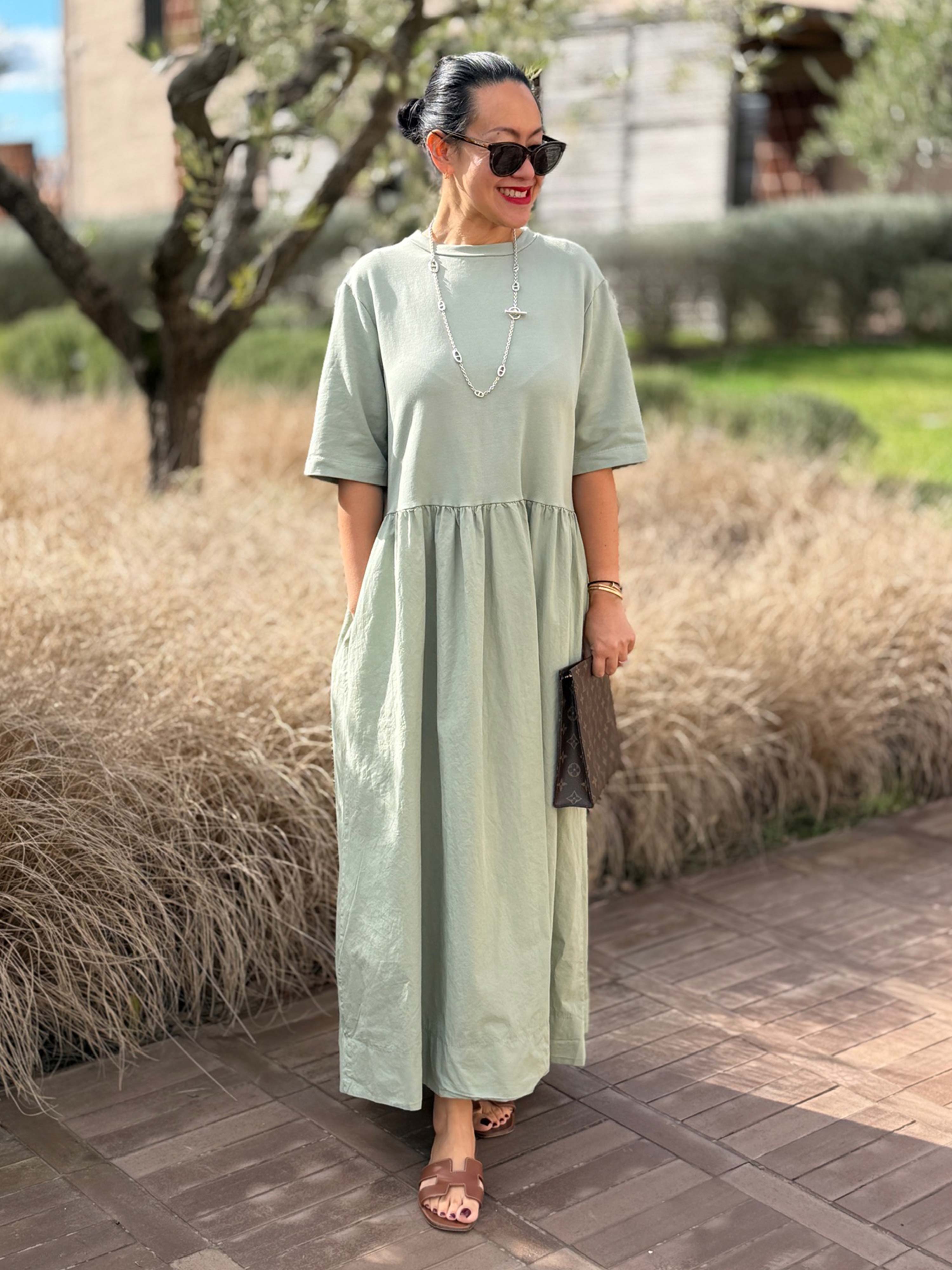 Kurzarm Cotton Kleid mit Seitentaschen - Matcha