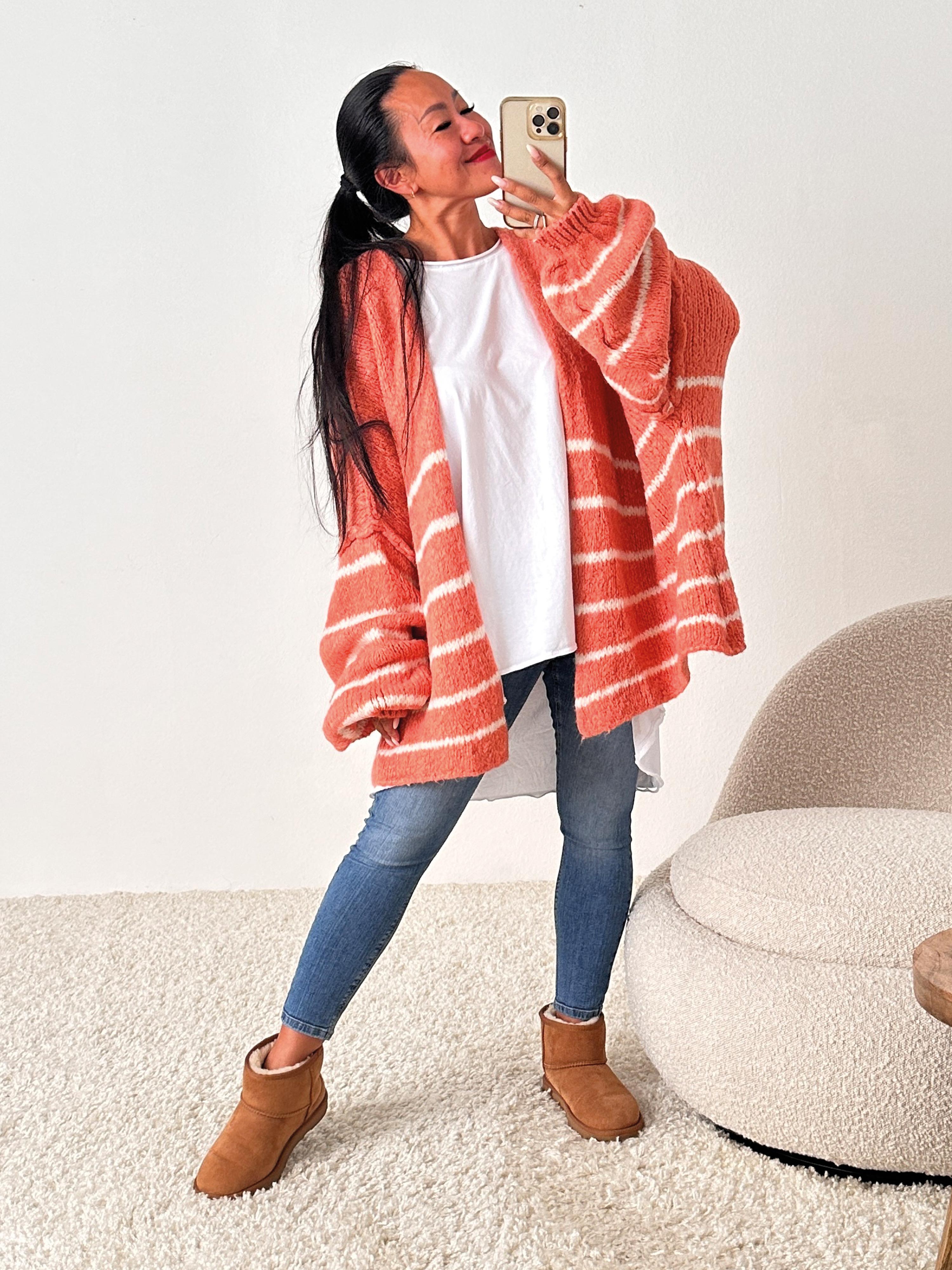 Oversize Strickjacke FLAUSCHI - STRIPES - Koralle