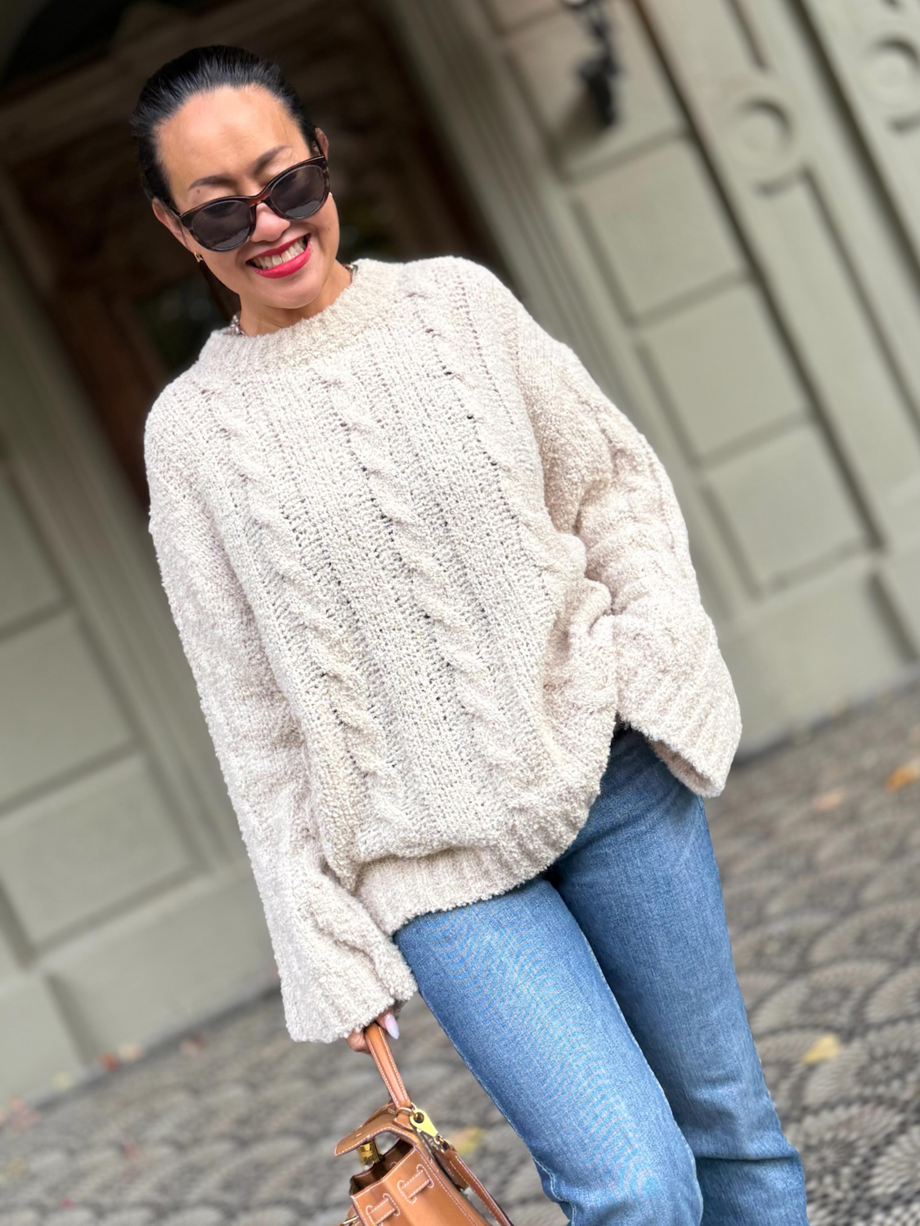 Bouclé Zopfstrickpullover - Creme