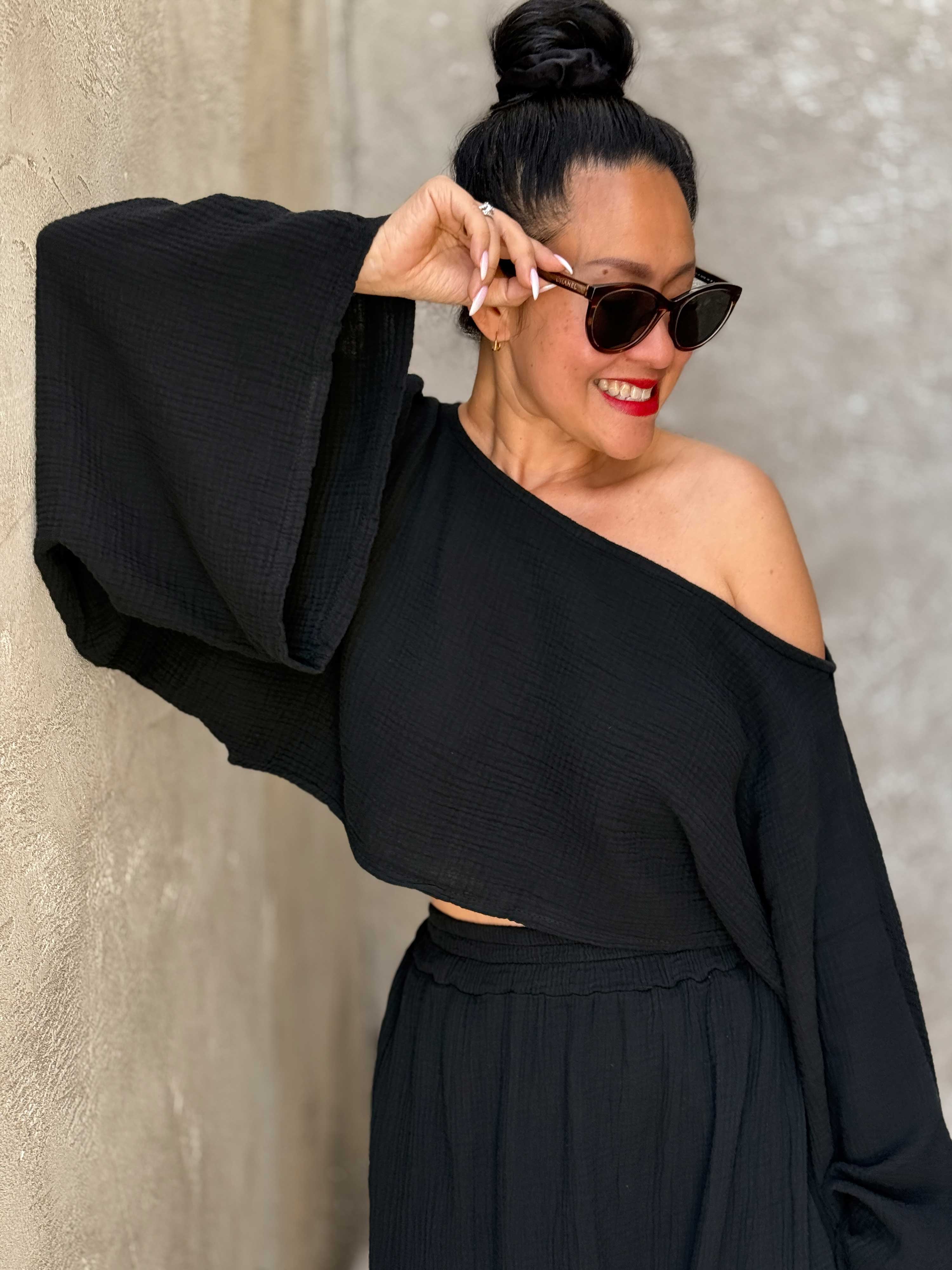 Musselin Cropped Bluse - ARTA - Schwarz