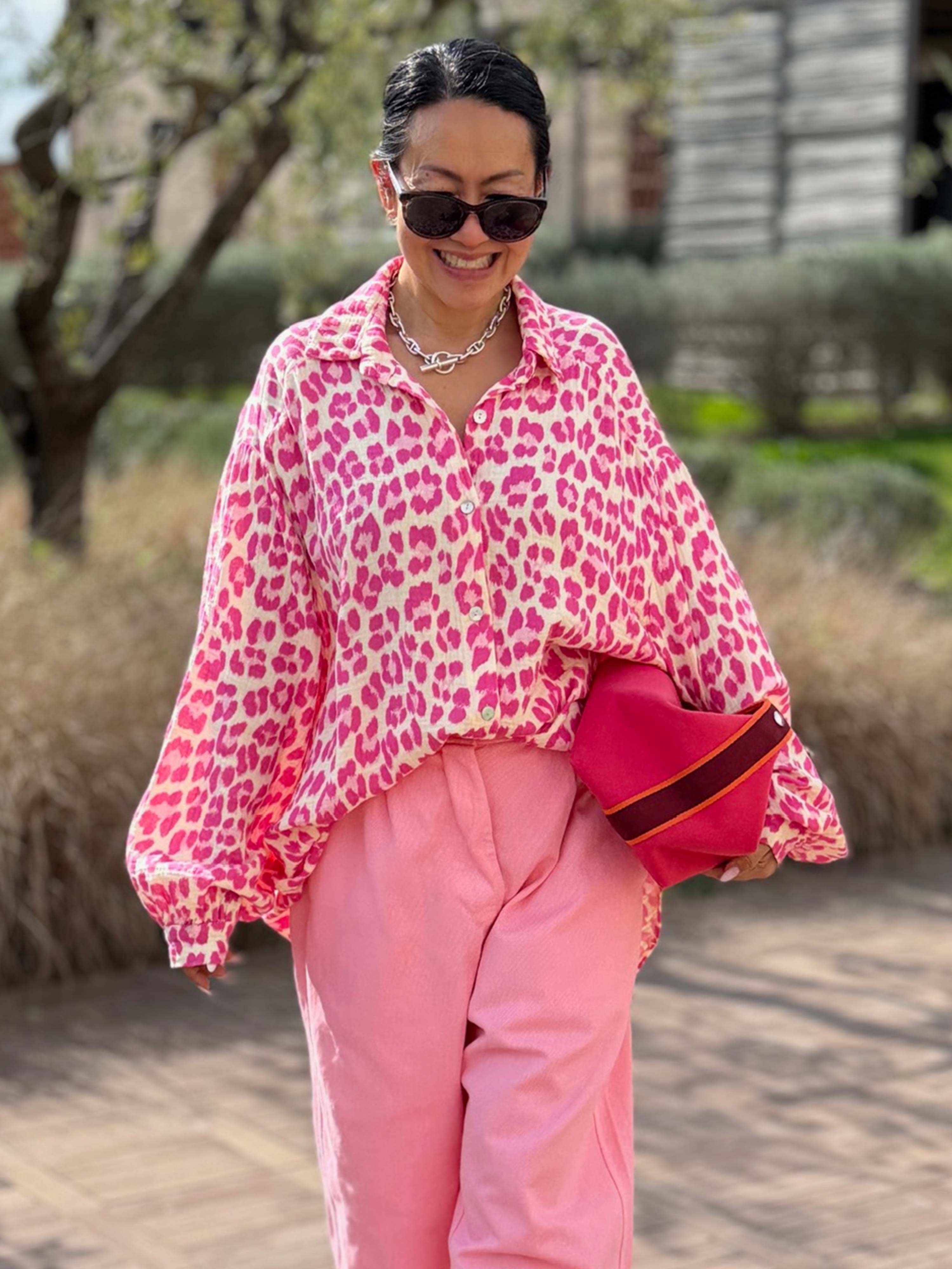 Musselin Midi Oversize Bluse - LEOPARD - Pink/Butter