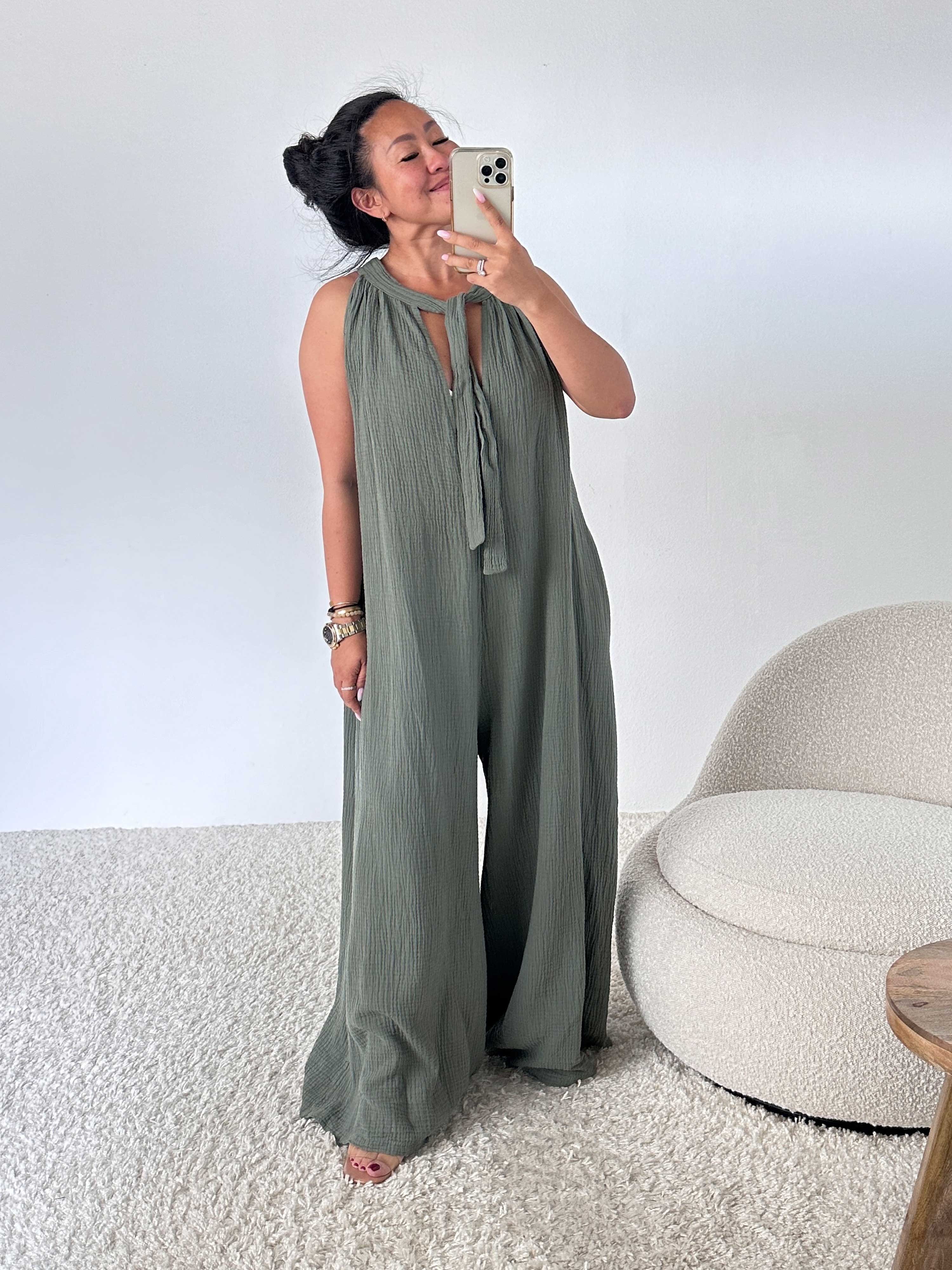 Ärmelloser Musselin Jumpsuit - MILA - Matcha