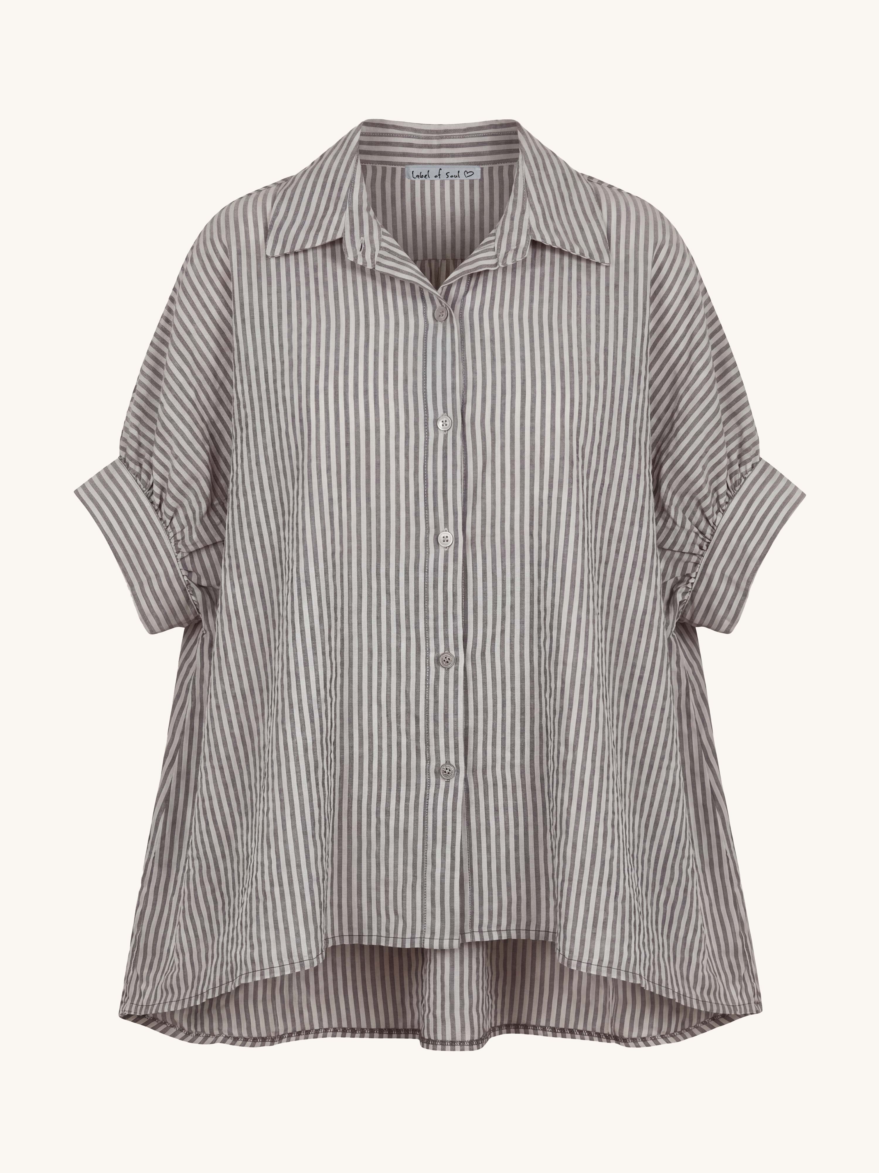 Leichte Vokuhila Oversize Kurzarm Bluse - Stripes Grau
