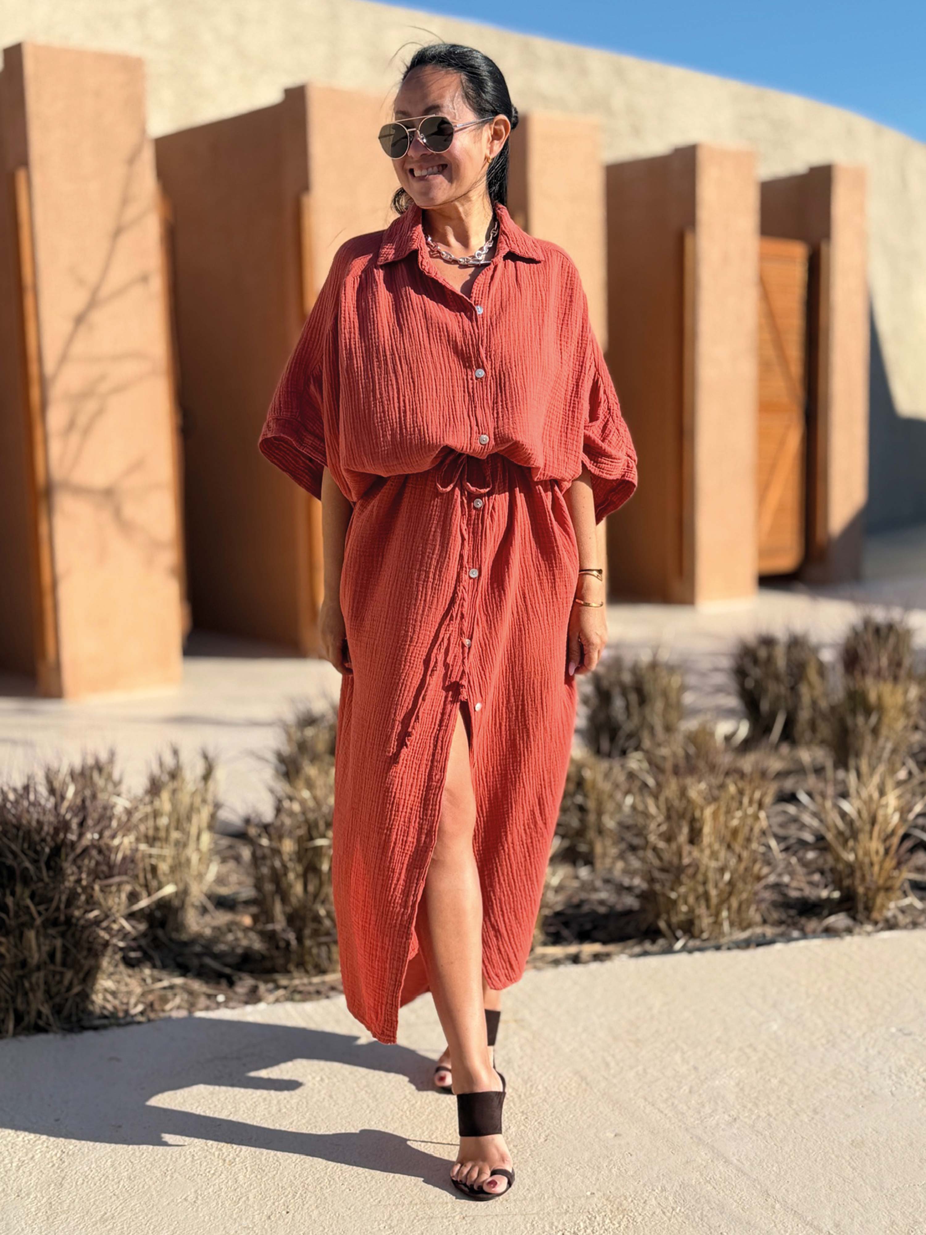 Musselin Oversize Kurzarm Blusenkleid - CAPRI - Rosewood