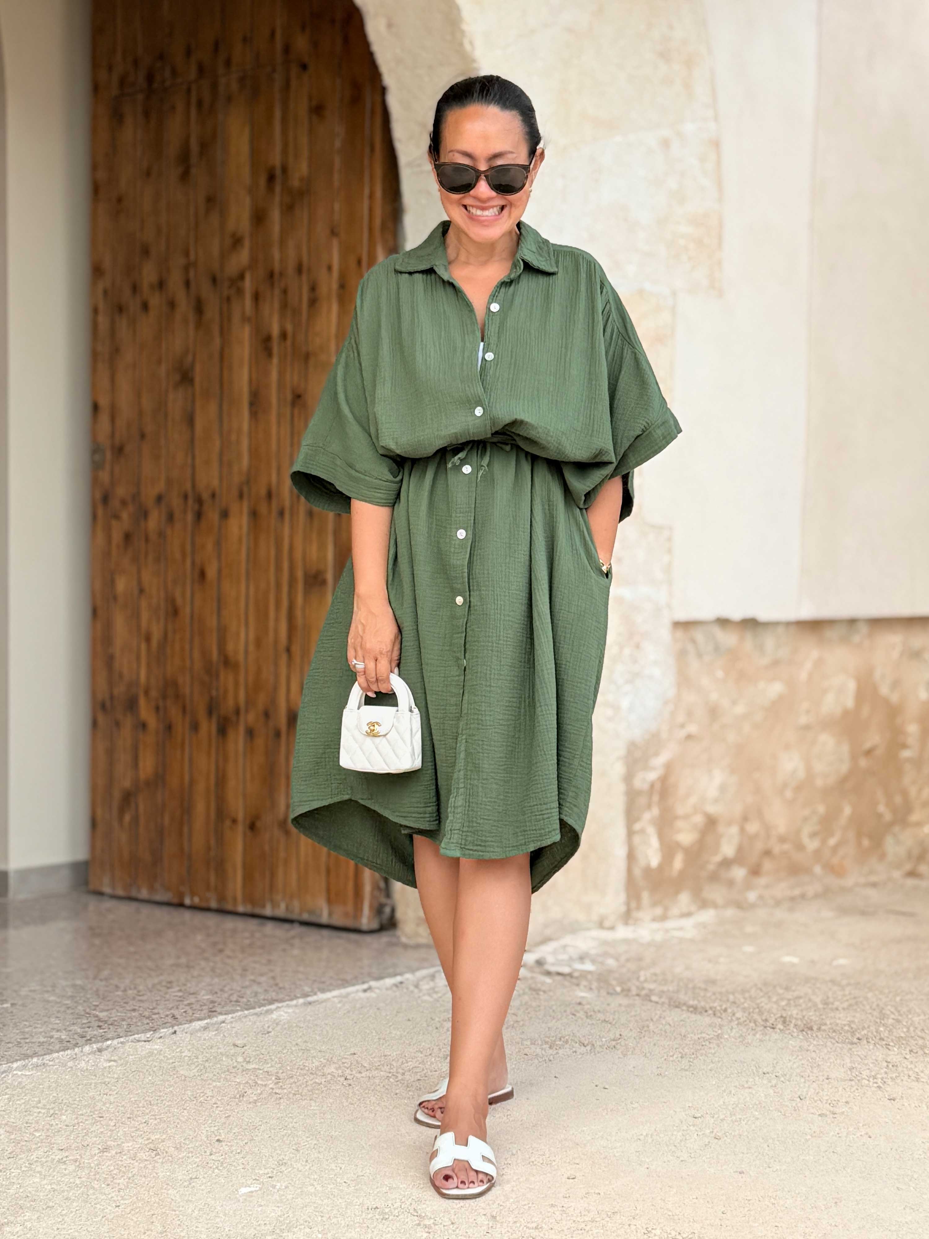 Musselin Oversize Kurzarm Blusenkleid - LANA - Olive