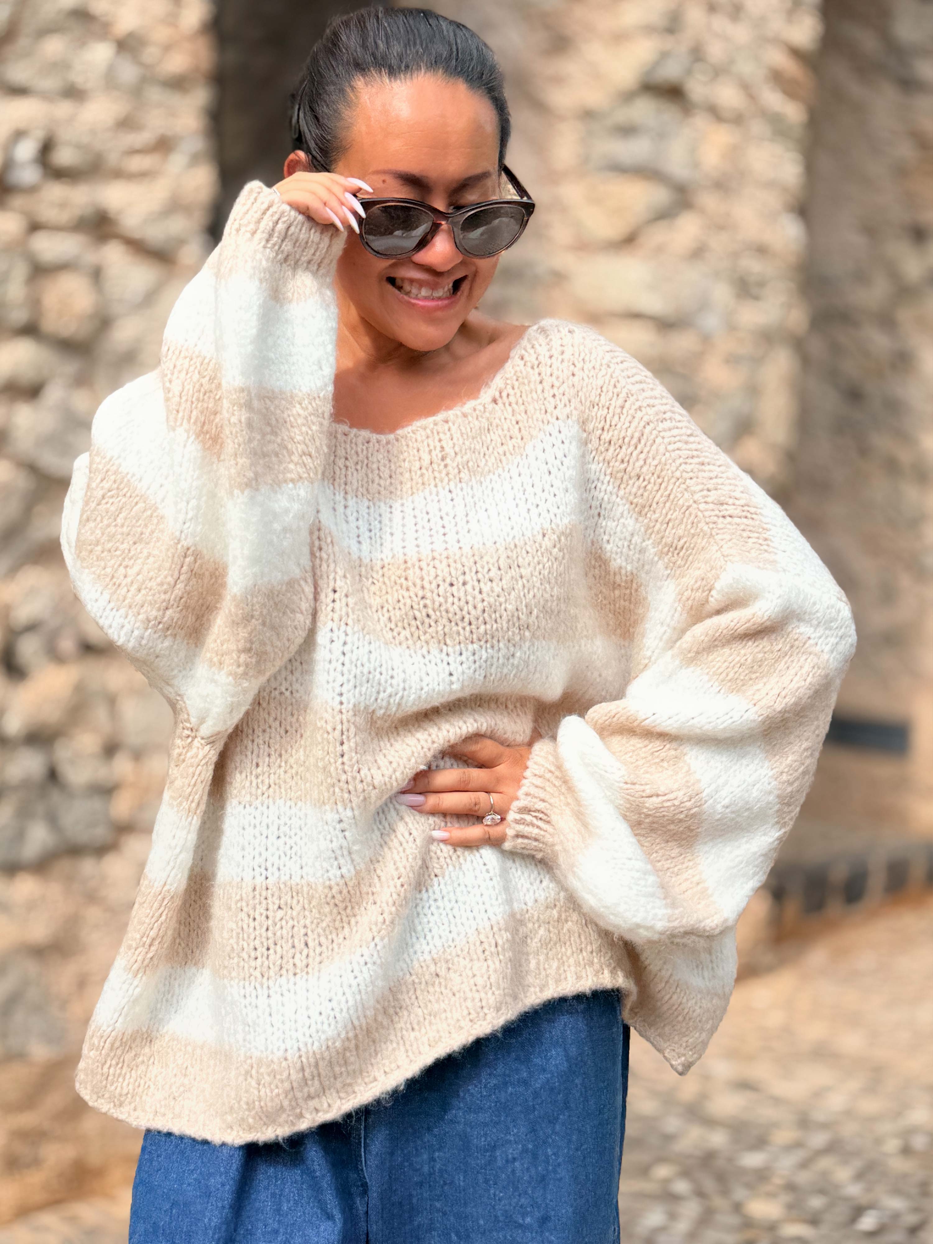 Oversize Cropped Strickpullover - FLAUSCHI - STRIPES - Oatmeal