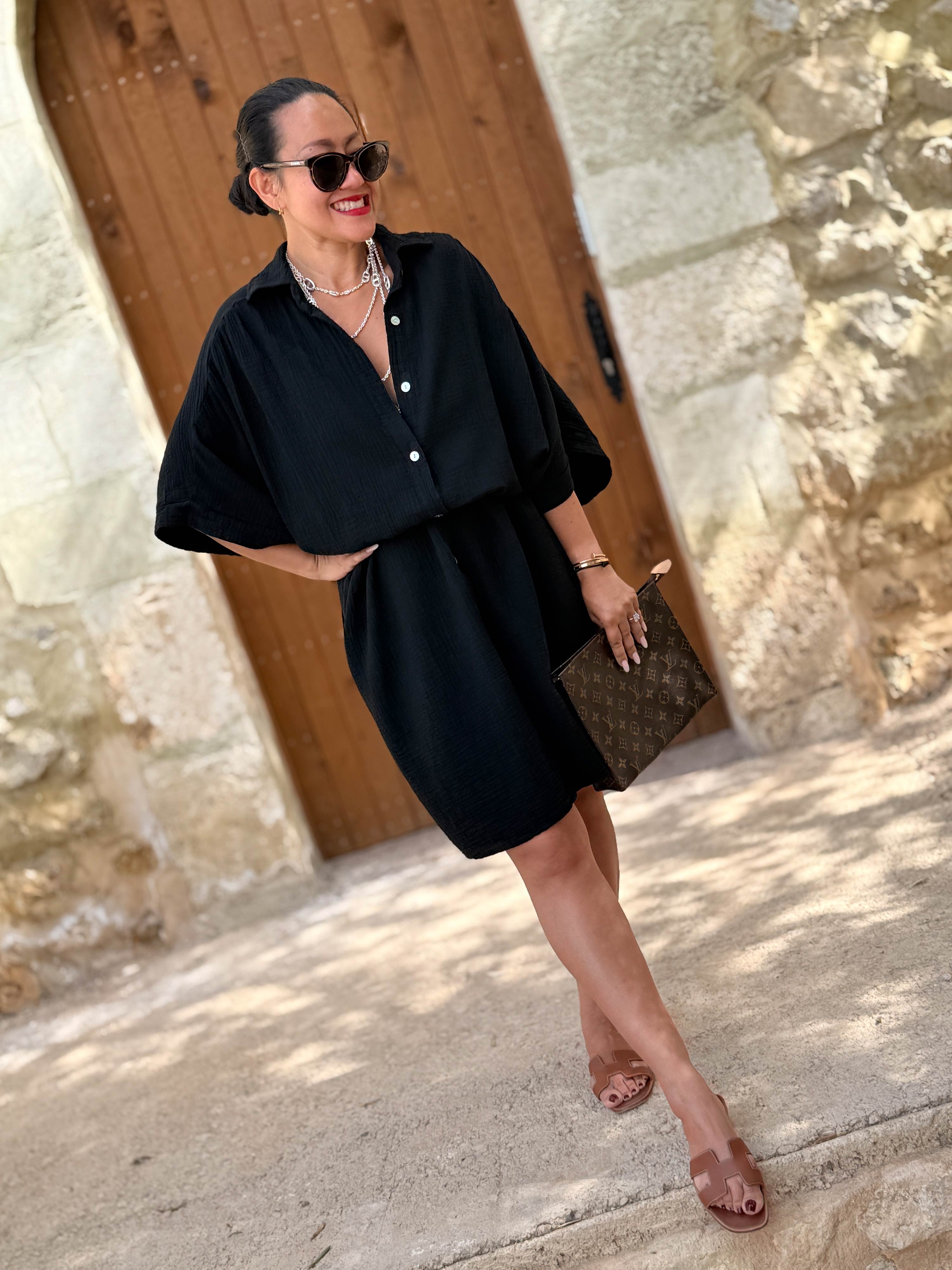 Musselin Oversize Kurzarm Blusenkleid - LANA - Schwarz Musselin Oversize Kurzarm Blusenkleid - LANA - Schwarz