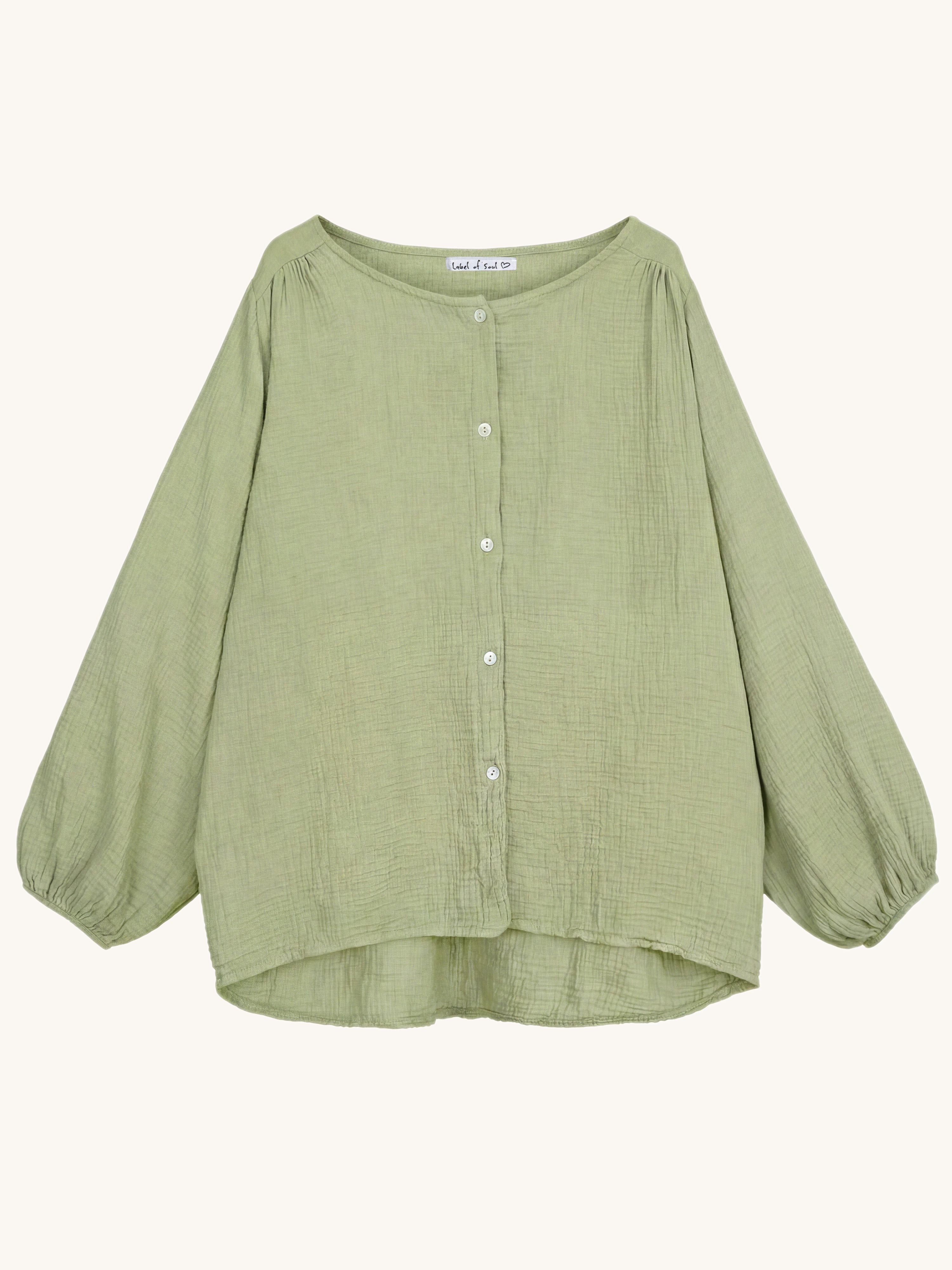 Musselin Oversize Bluse mit Rundhalsausschnitt - Matcha