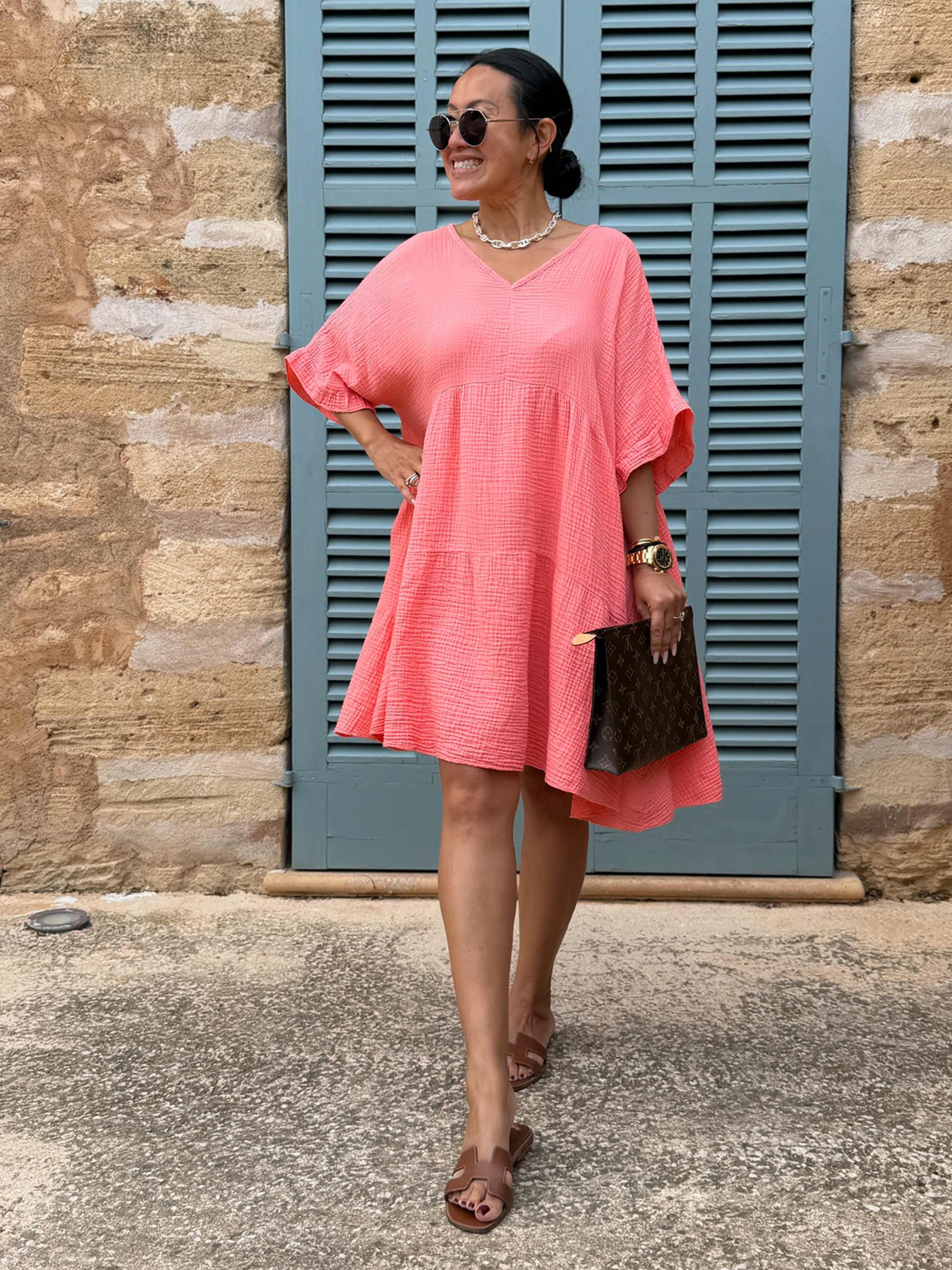 Musselin Tunika Midi mit V-Ausschnitt - Peach