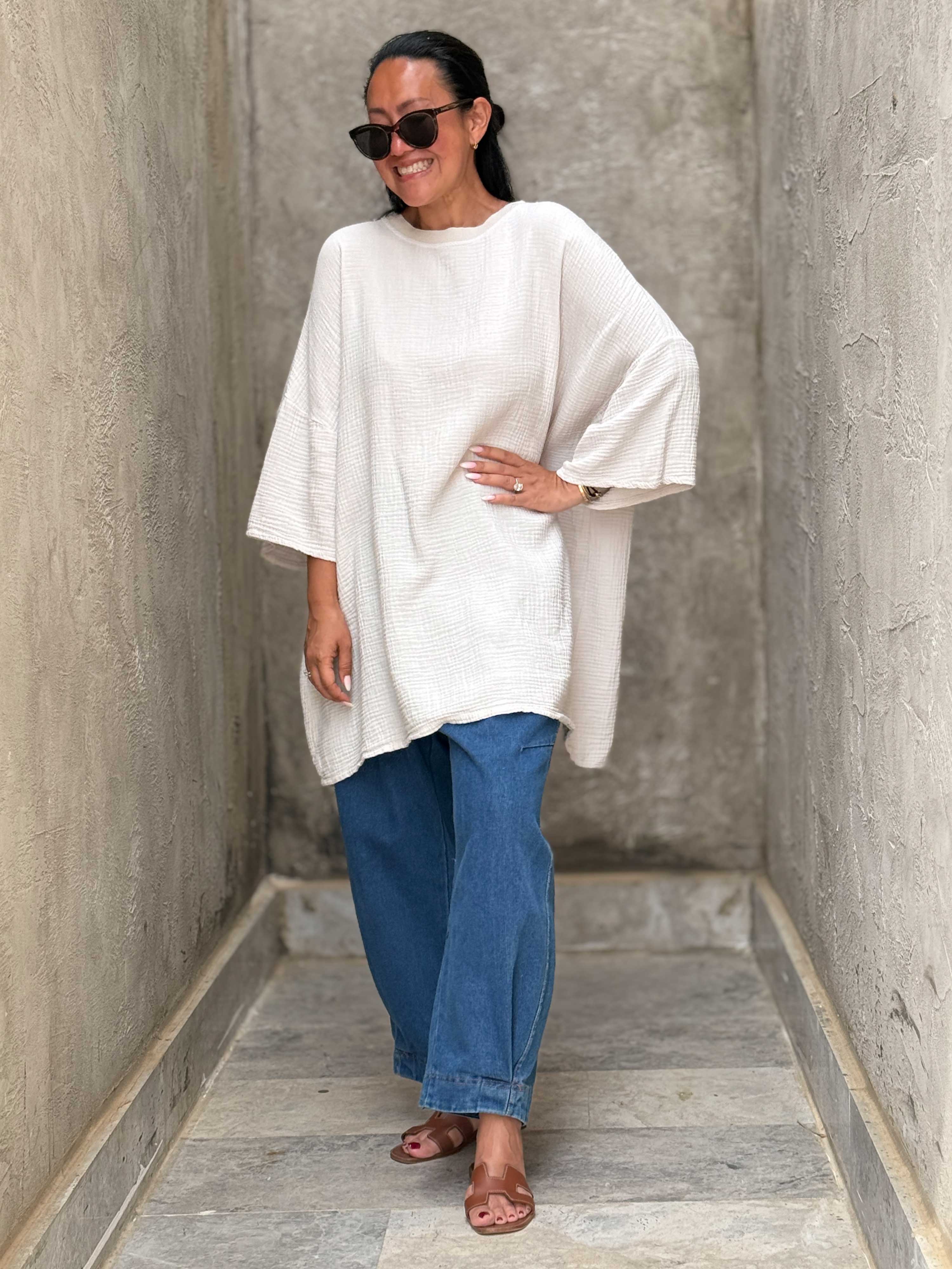 Musselin Oversize Kurzarm Shirt - Beige Musselin Oversize Kurzarm Shirt - Beige