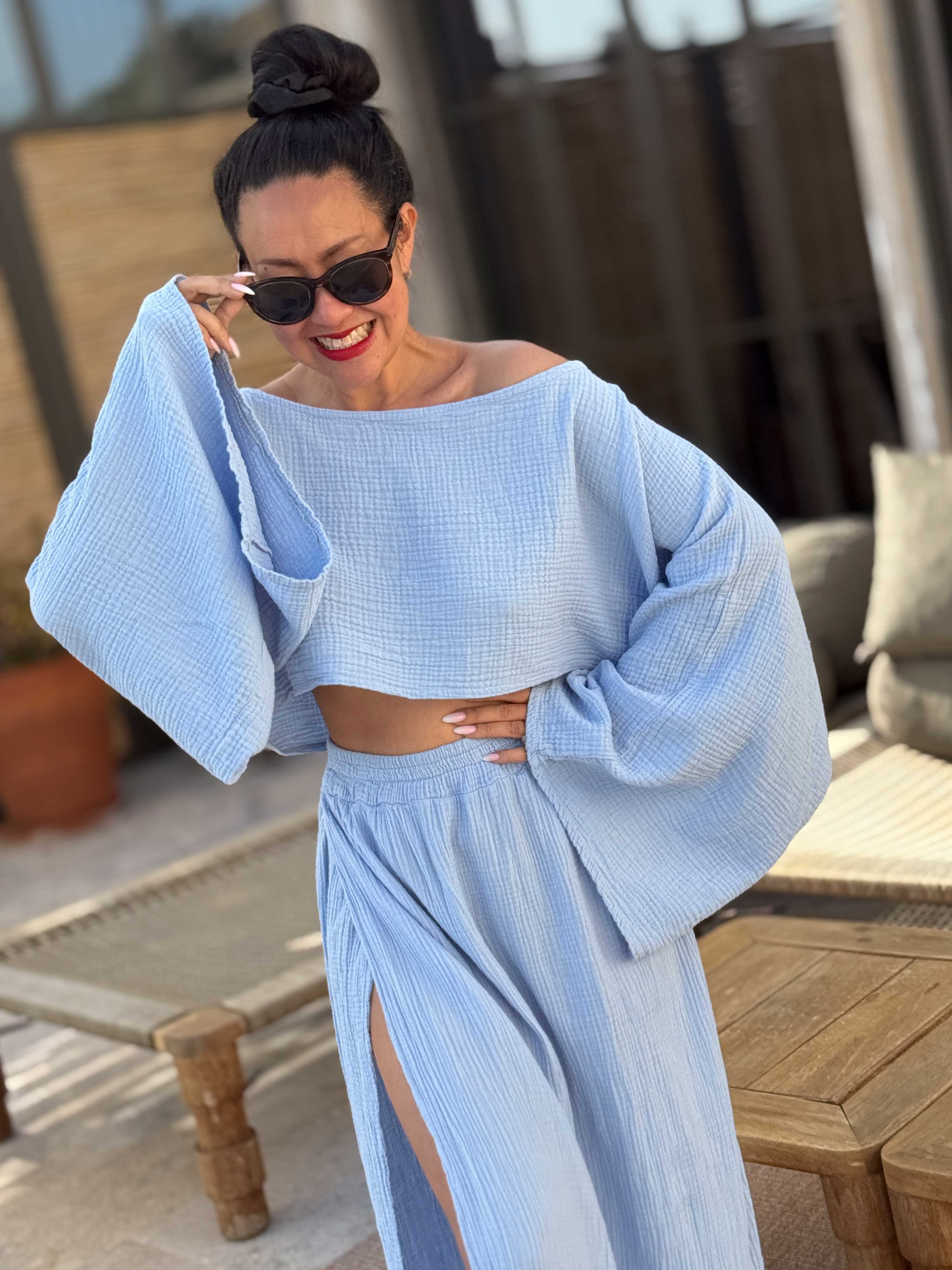 Musselin Cropped Bluse - ARTA - Babyblau