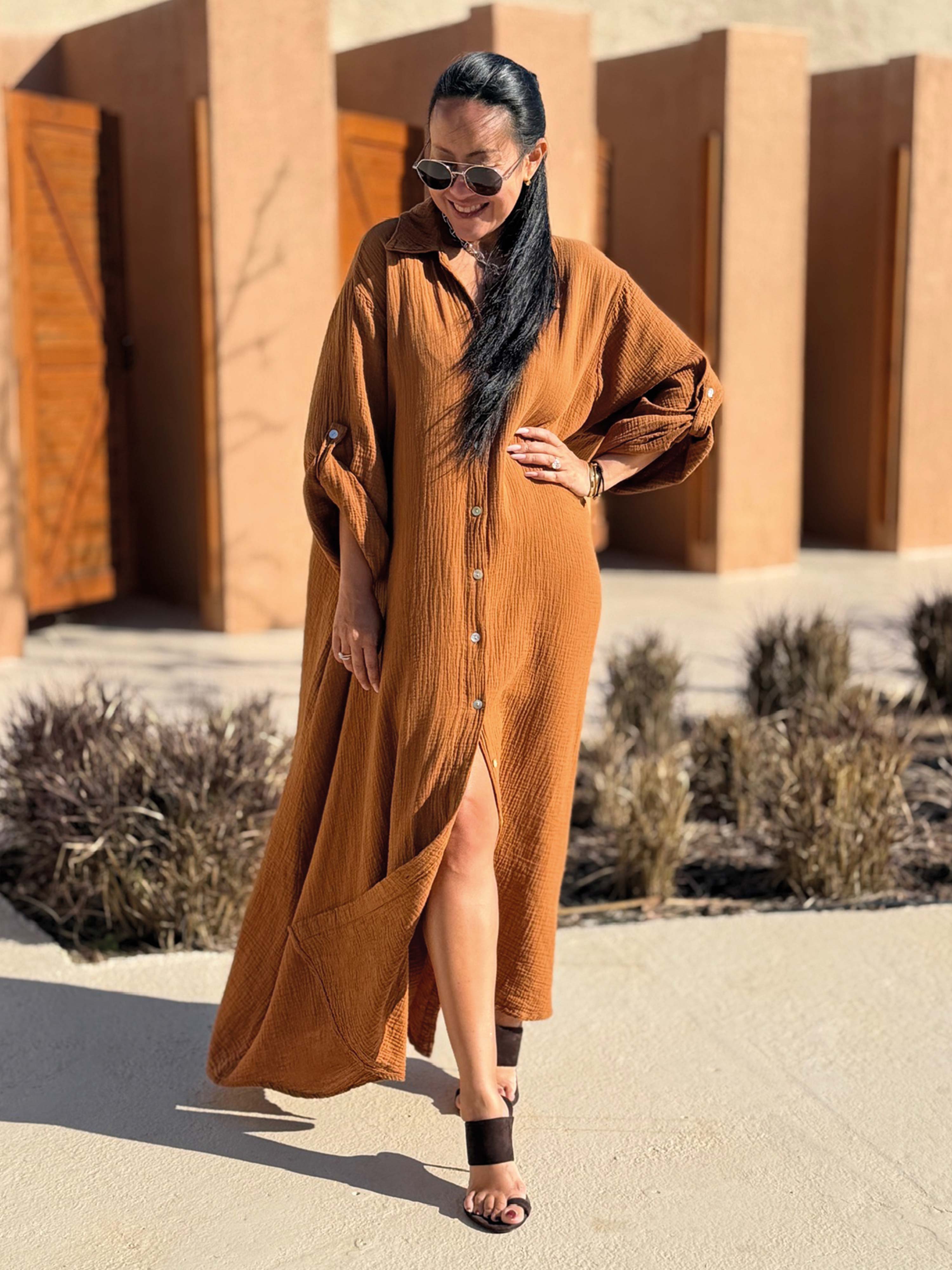 Musselin Oversize Blusenkleid - A-Form mit Seitentaschen - Cinnamon