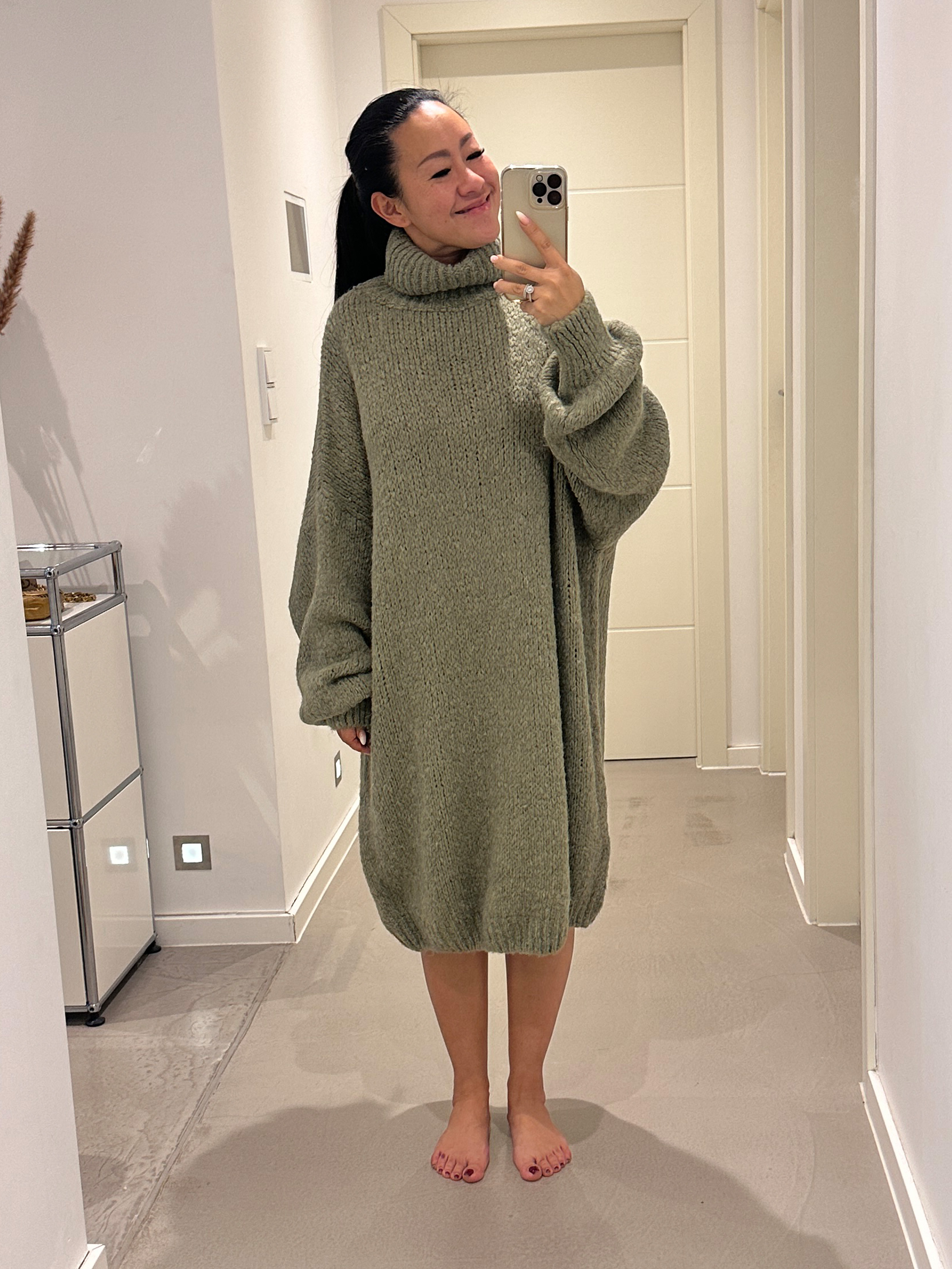 Oversize Long Strickpullover FLAUSCHI mit Rollkragen - Matcha
