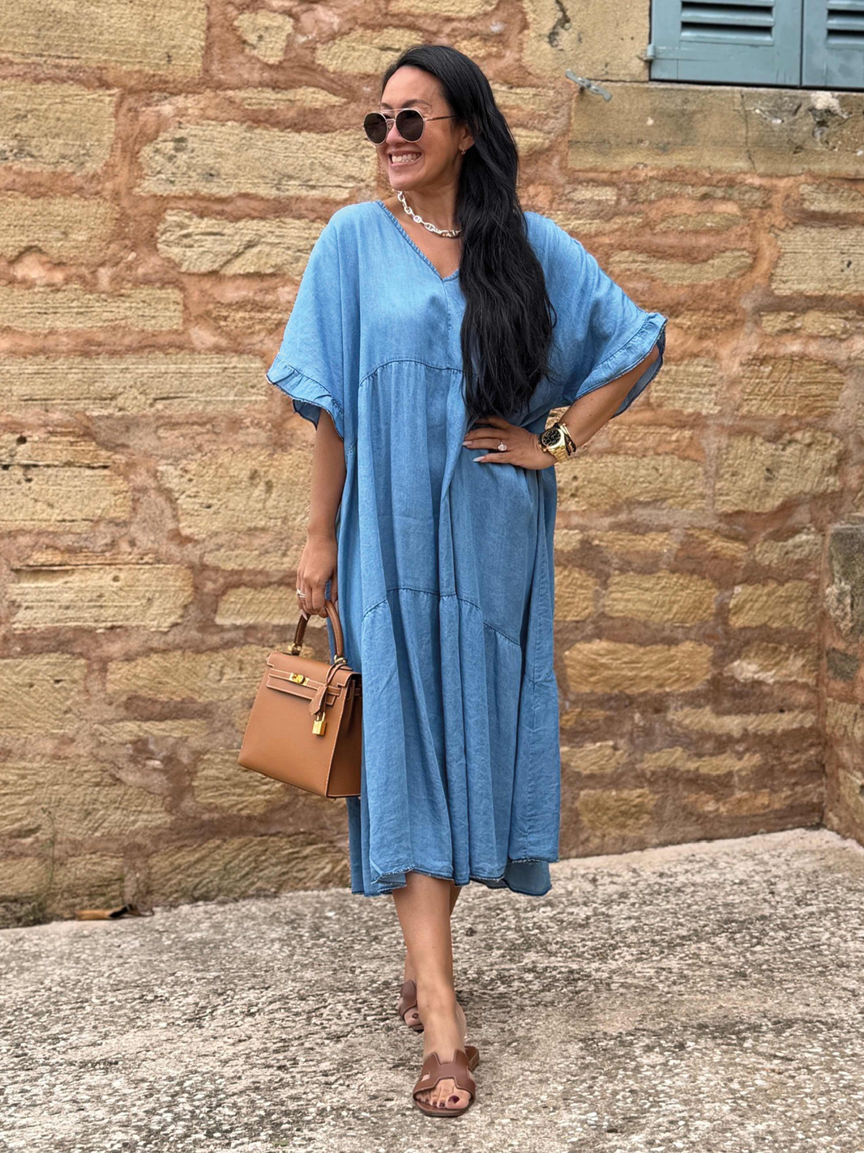 Leichte Lyocell Tunika Long mit V-Ausschnitt - Blue