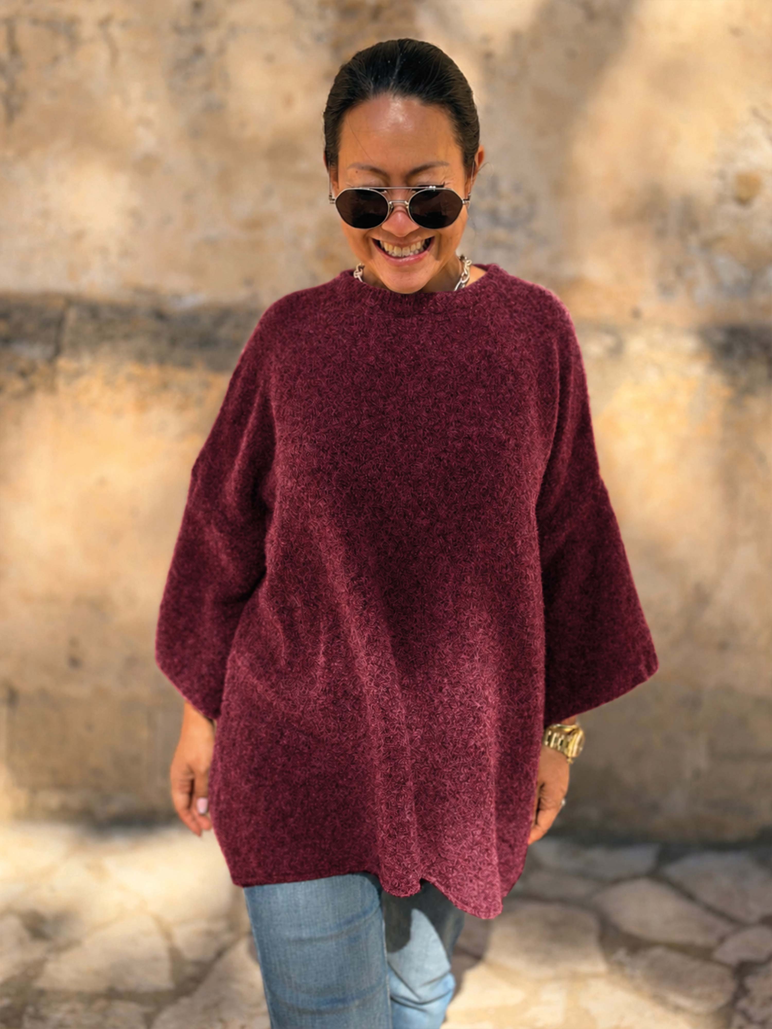 Soft Alpaka Oversize Kurzarm Shirt - Burgundy