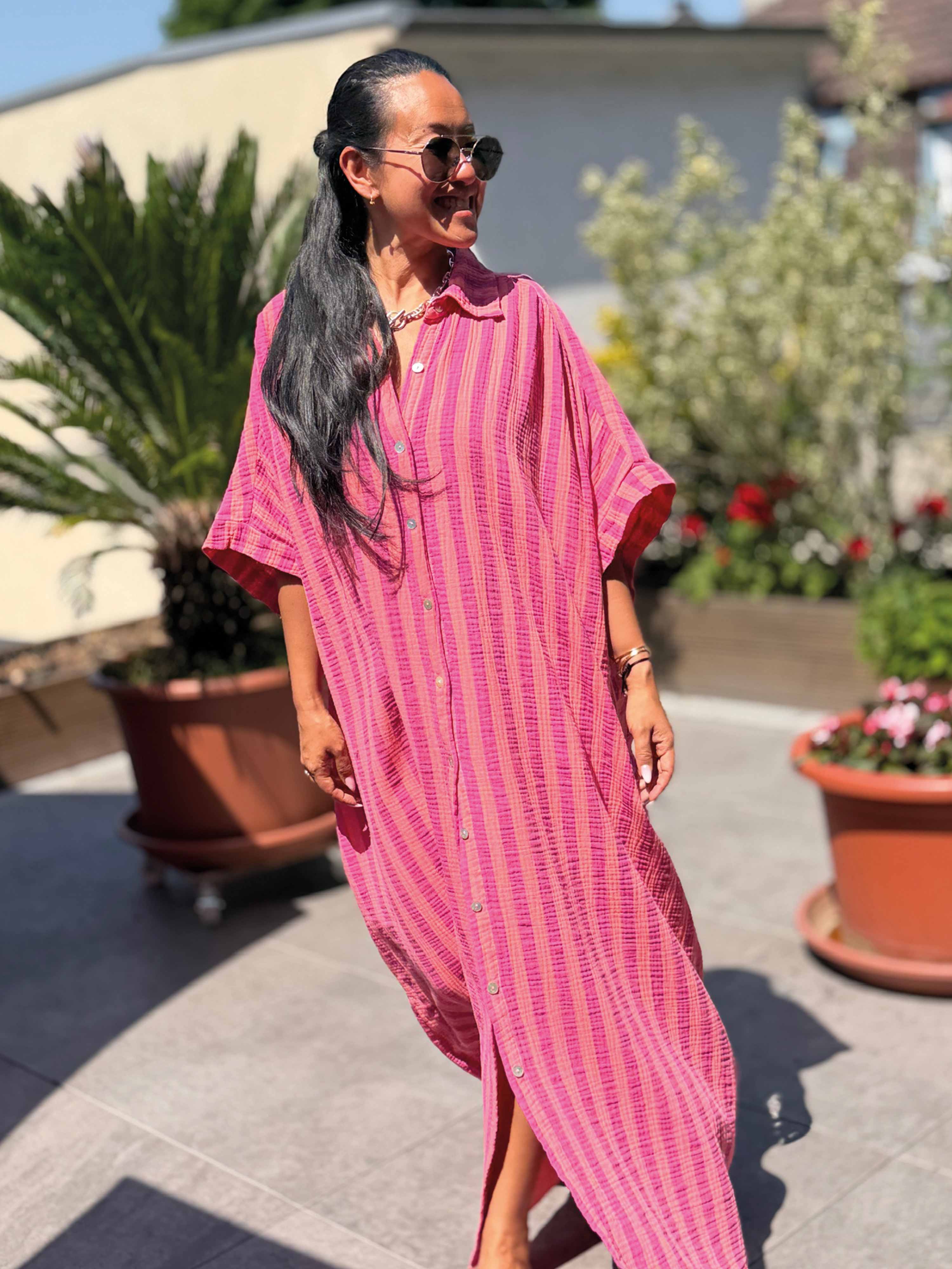 Musselin Oversize Kurzarm Blusenkleid - CAPRI - STRIPES Flamingo Kiss