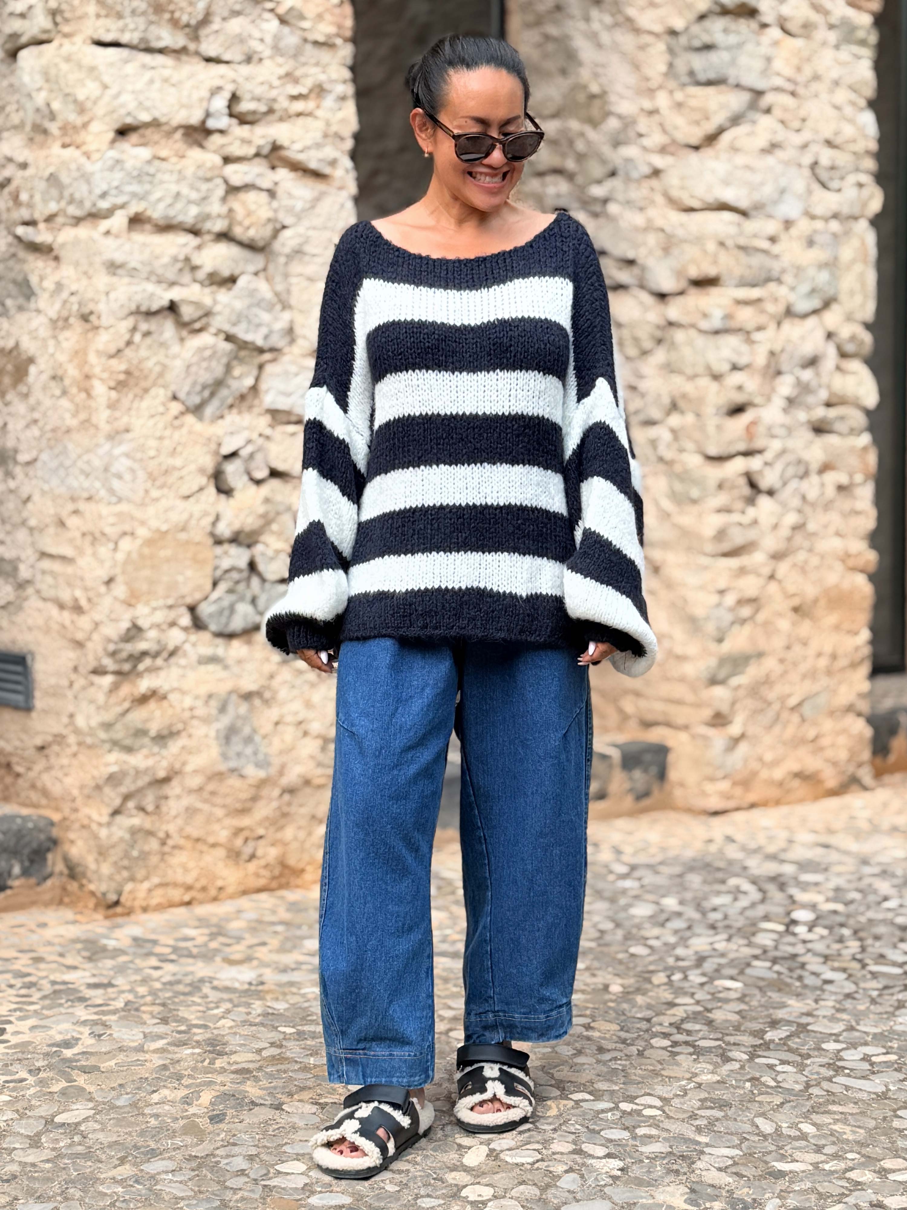 Oversize Cropped Strickpullover - FLAUSCHI - STRIPES - Navy