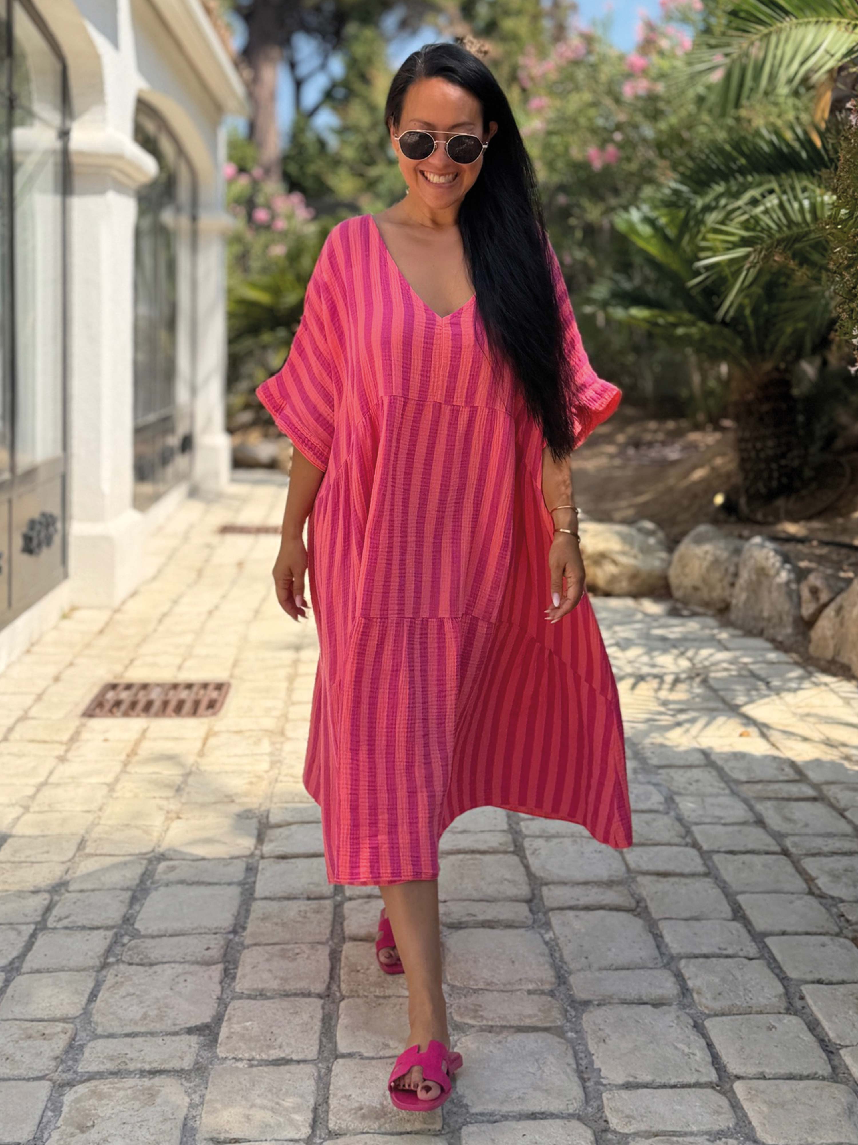 Musselin Tunika Long mit V-Ausschnitt - STRIPES Flamingo Kiss