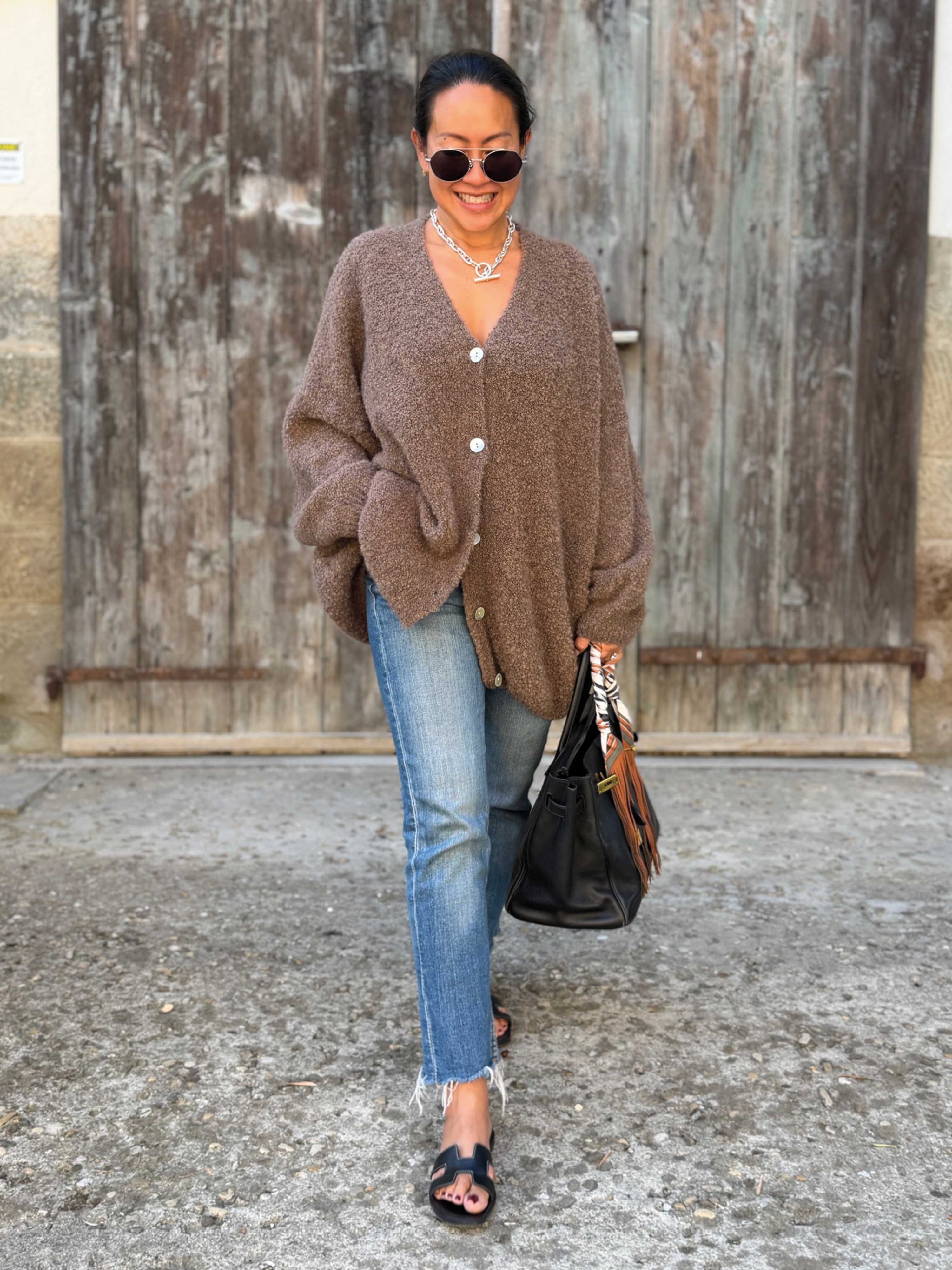 Oversize Bouclé Strickjacke mit V-Ausschnitt - Fango