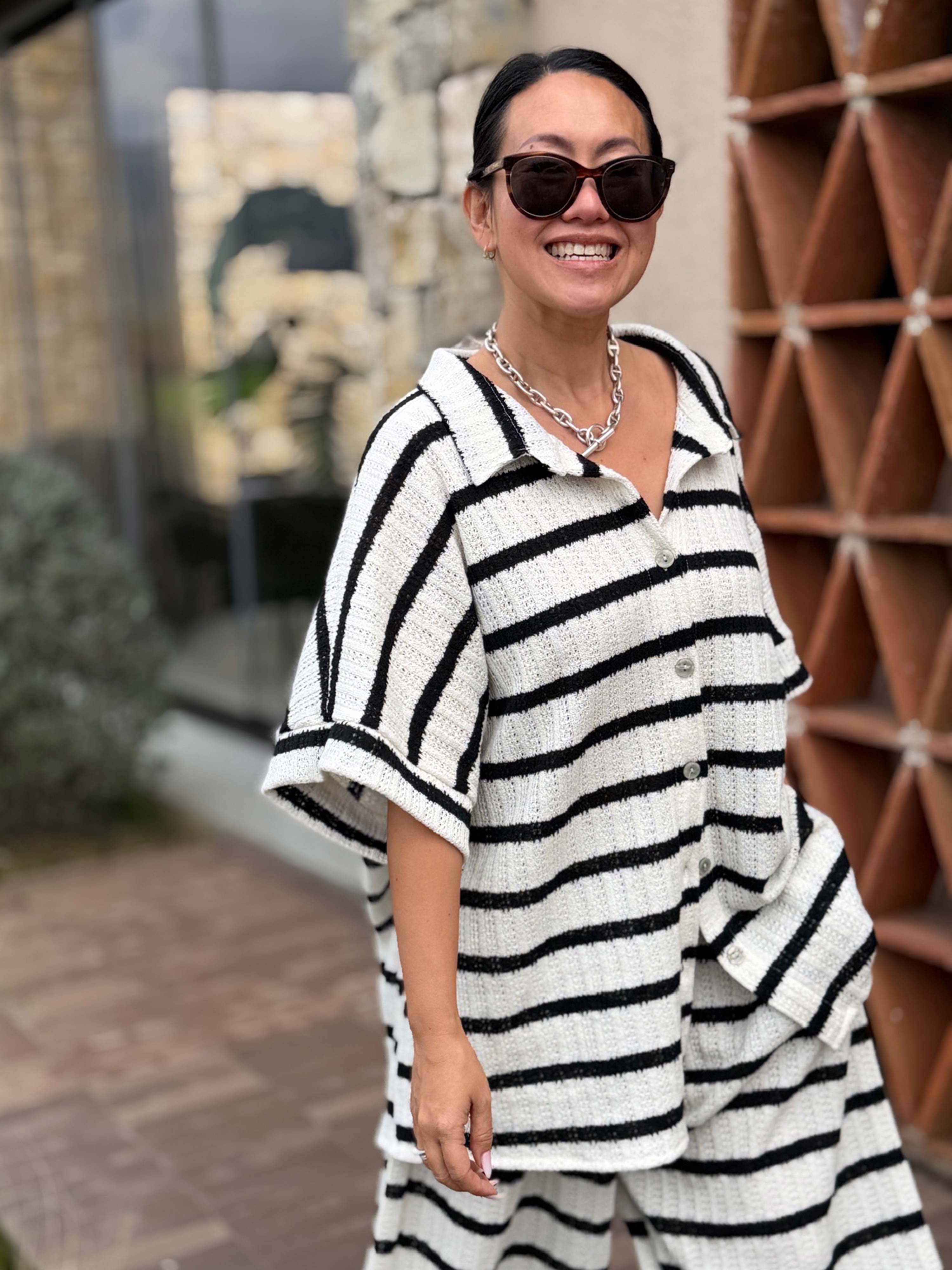 Oversize Kurzarm Häkel Hemd MANACOR - STRIPES - Schwarz