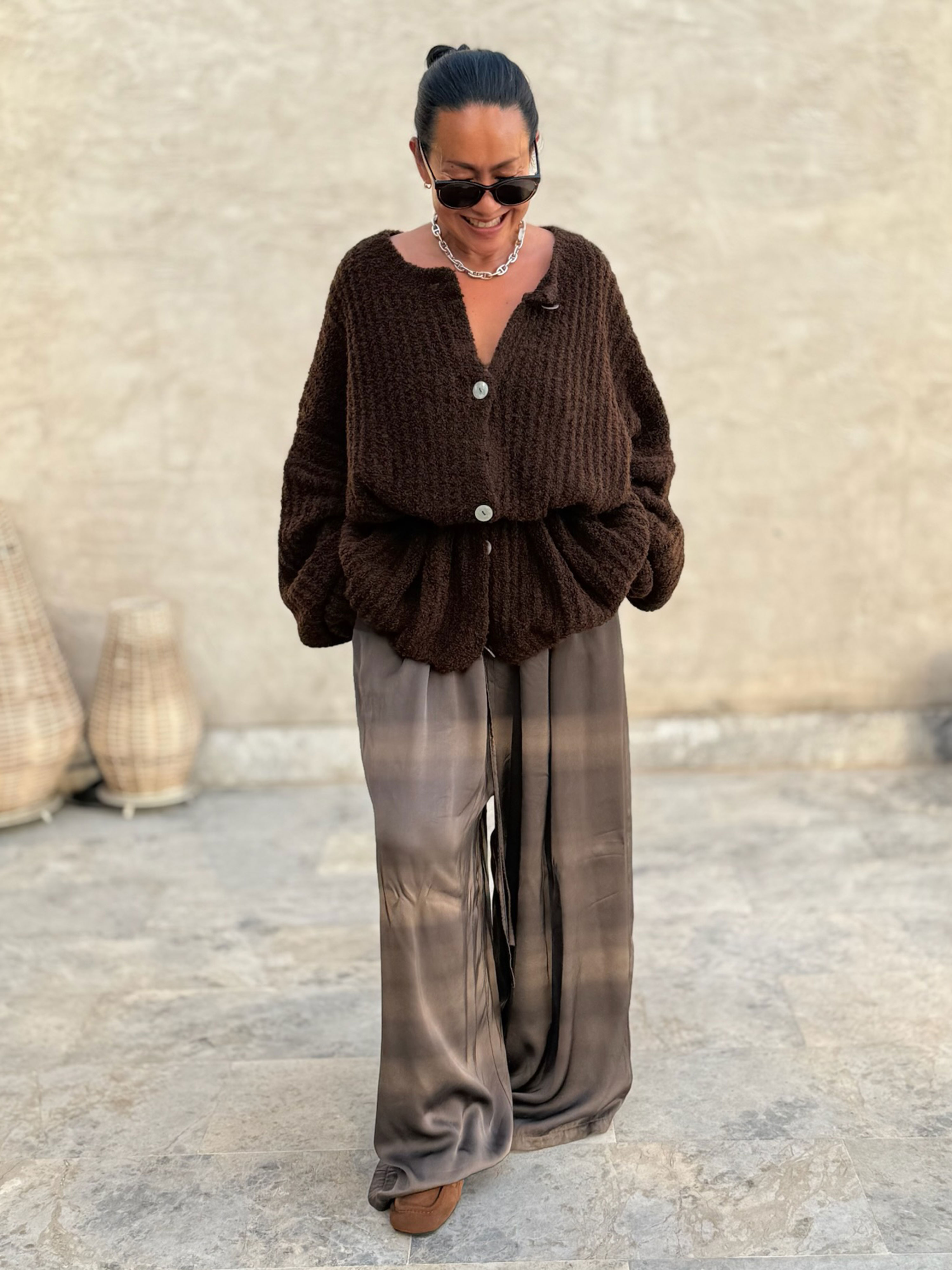 Oversize Bouclé Grob Strickjacke - Schoko