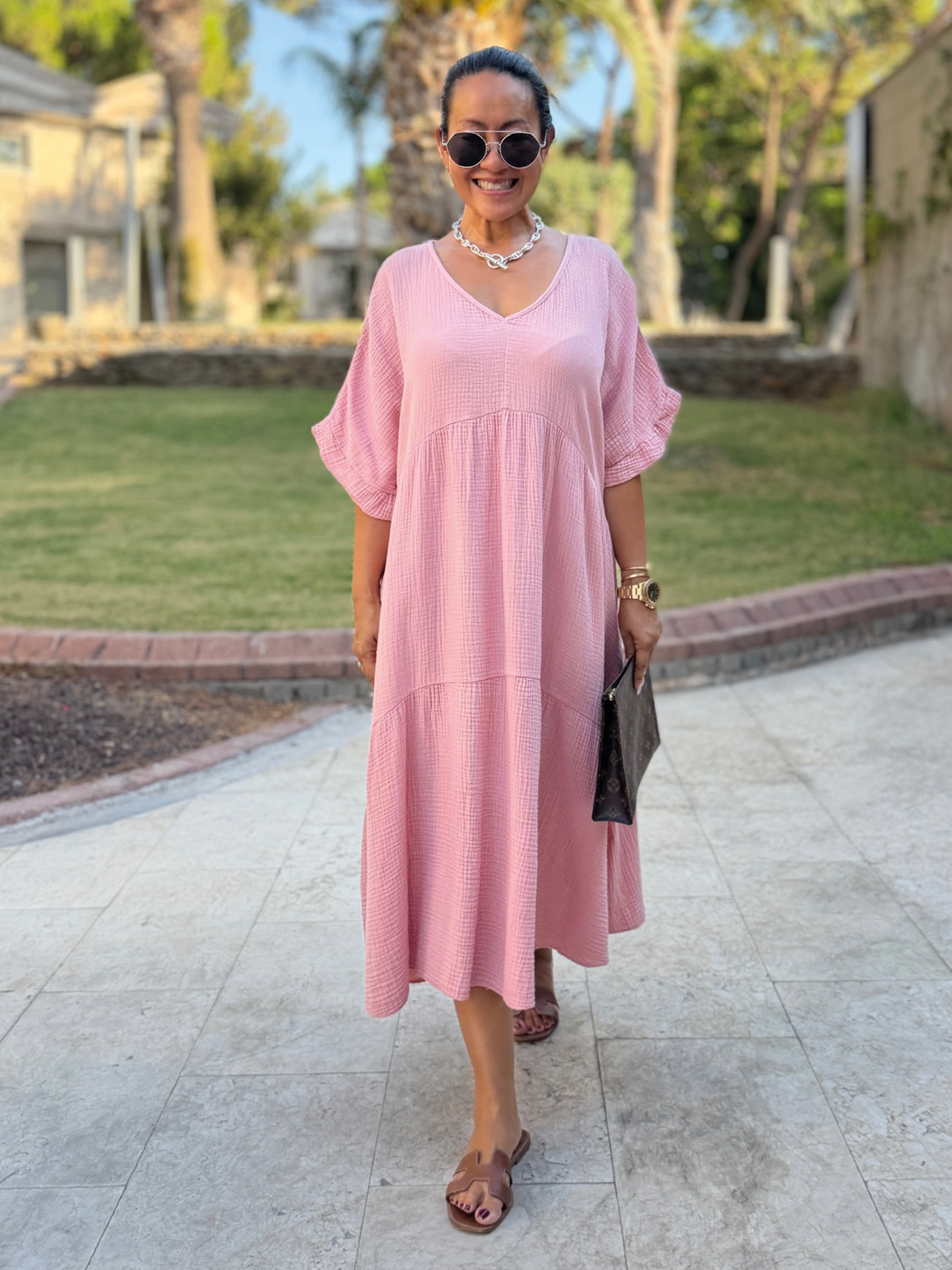 Musselin Tunika Long mit V-Ausschnitt - Blush