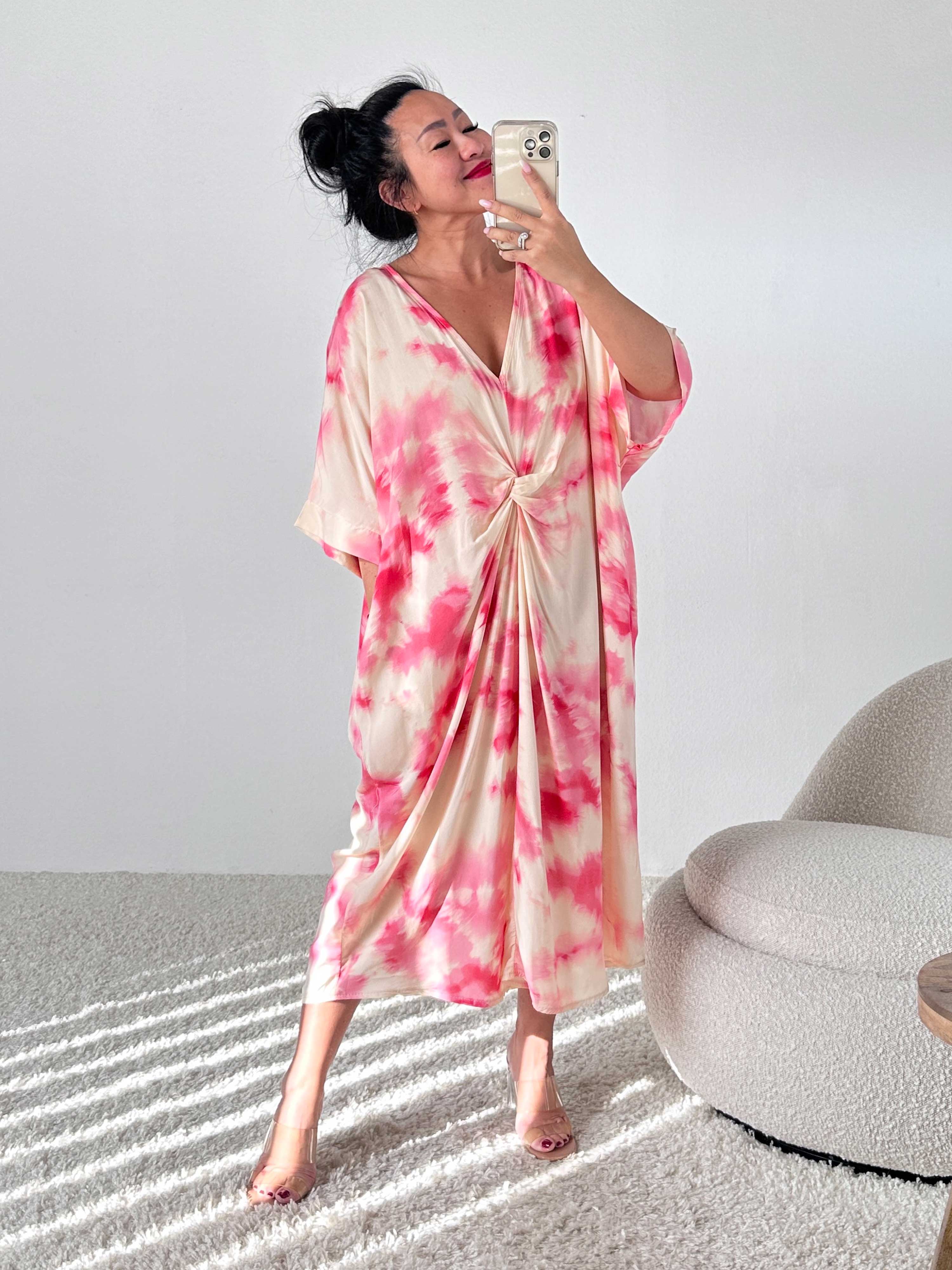 Batik Viskose Kleid mit Knoten - Pink